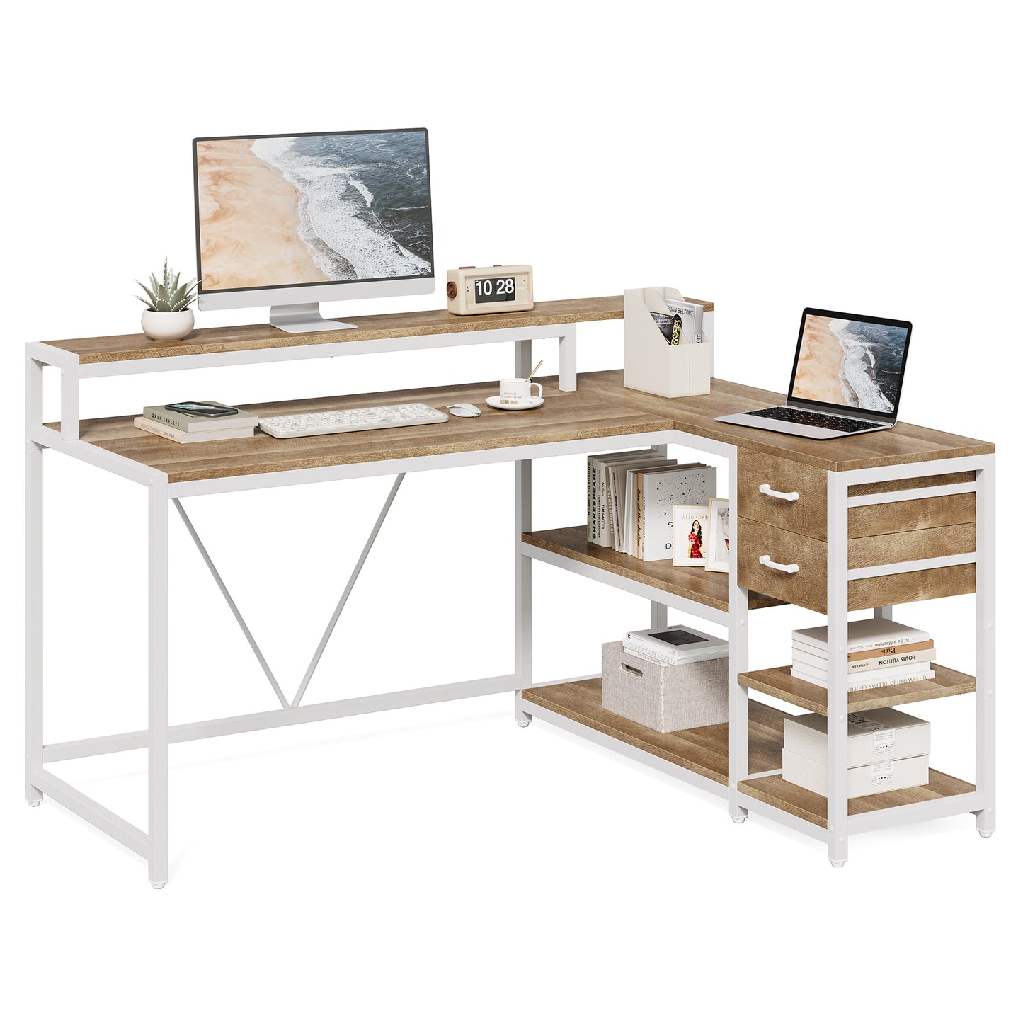 Reversible L-Shaped Desk, Industrial Corner Desk with Drawer & Shelves