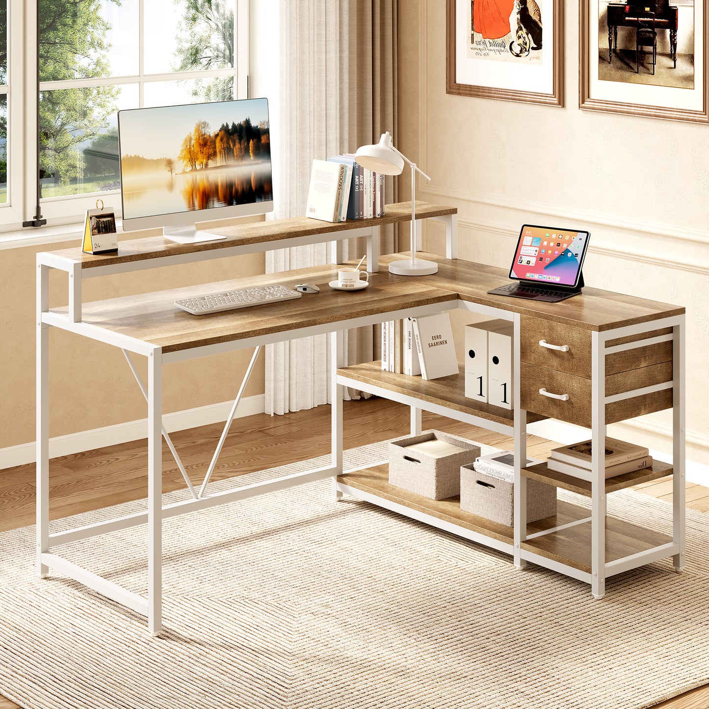 Reversible L-Shaped Desk, Industrial Corner Desk with Drawer & Shelves