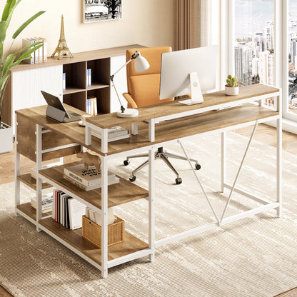 Reversible L-Shaped Desk, Industrial Corner Desk with Drawer & Shelves