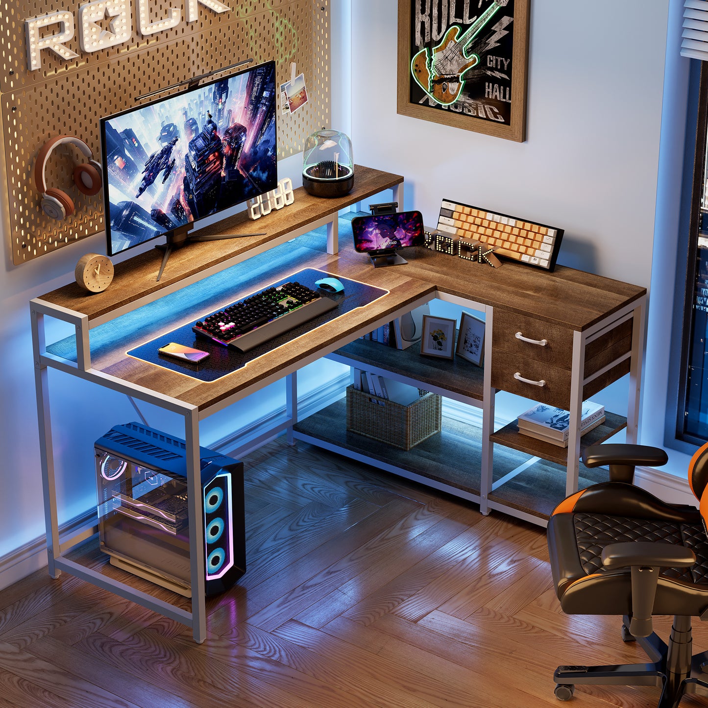 Reversible L-Shaped Desk, Industrial Corner Desk with Drawer & Shelves