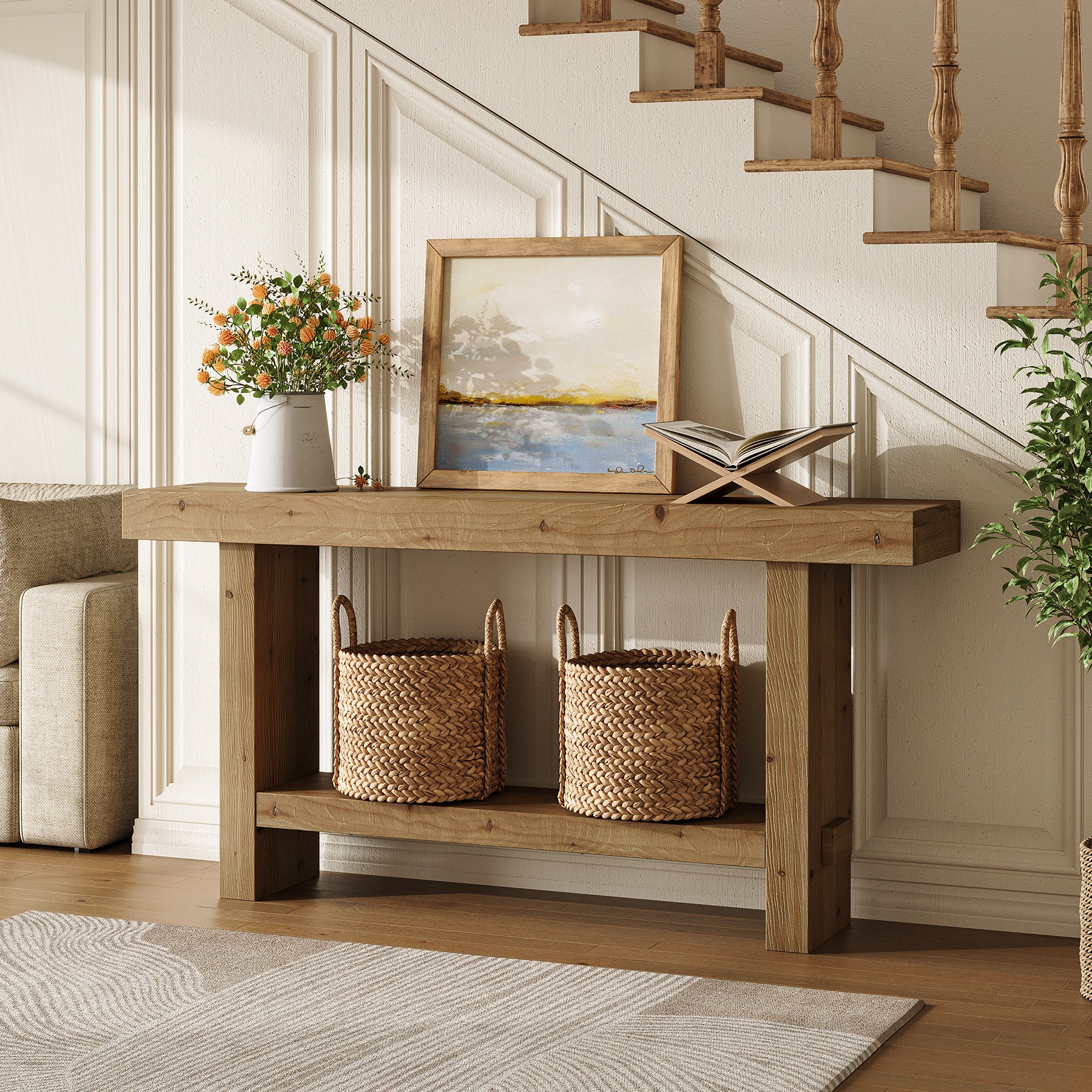 160cm Solid Wood Console Table, 2-Tier Narrow Farmhouse Entryway Table