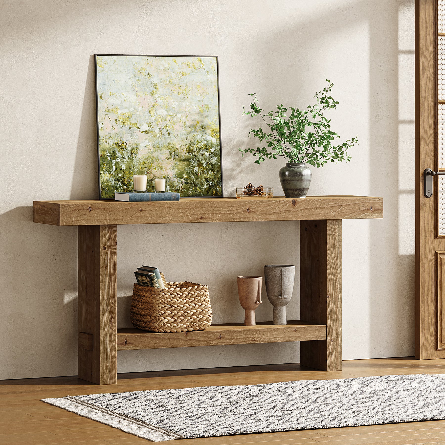 160cm Solid Wood Console Table, 2-Tier Narrow Farmhouse Entryway Table