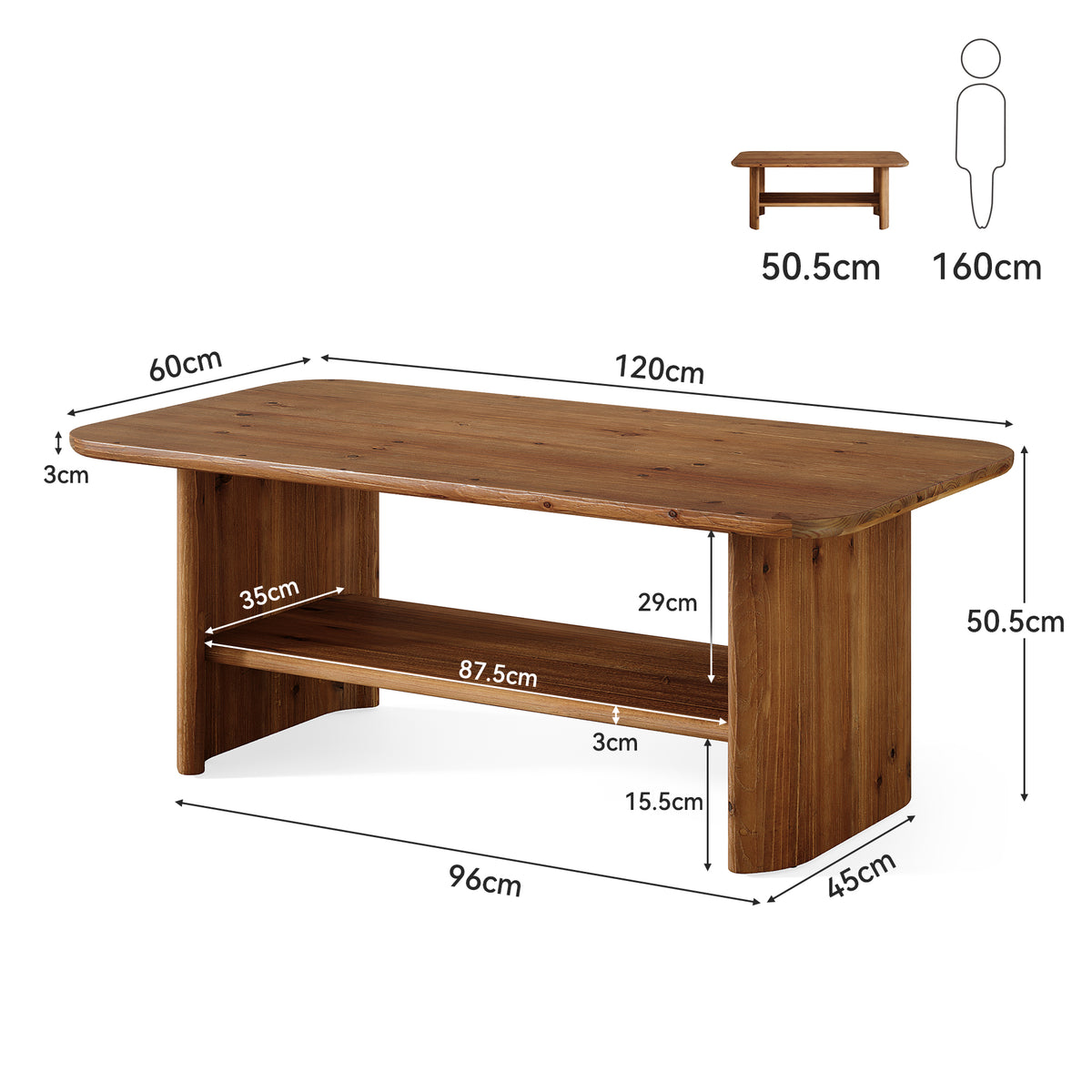 120 cm Solid Fir Wood Coffee Table with Lower Shelf, Farmhouse Style