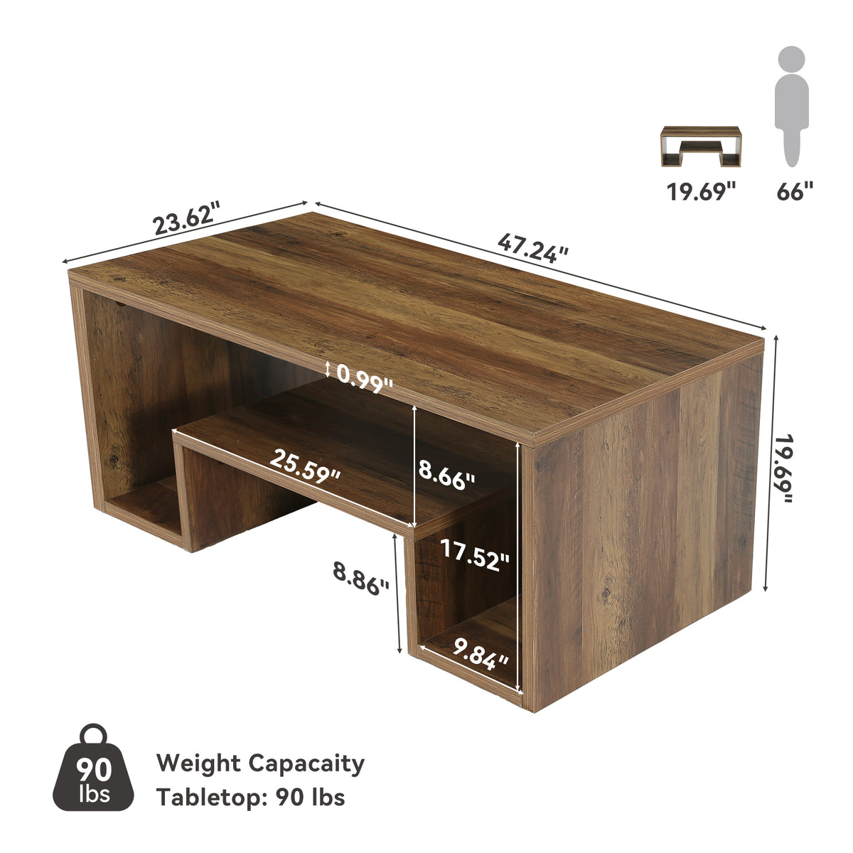 120 cm Rustic Brown Coffee Table with 2-Tier Storage, Farmhouse Style