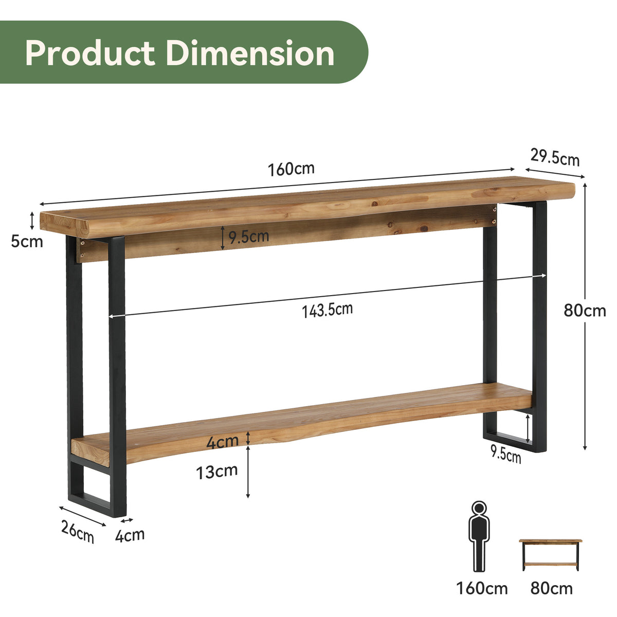 160 cm Solid Wood Console Table, Live Edge 2 Tier Entryway Table