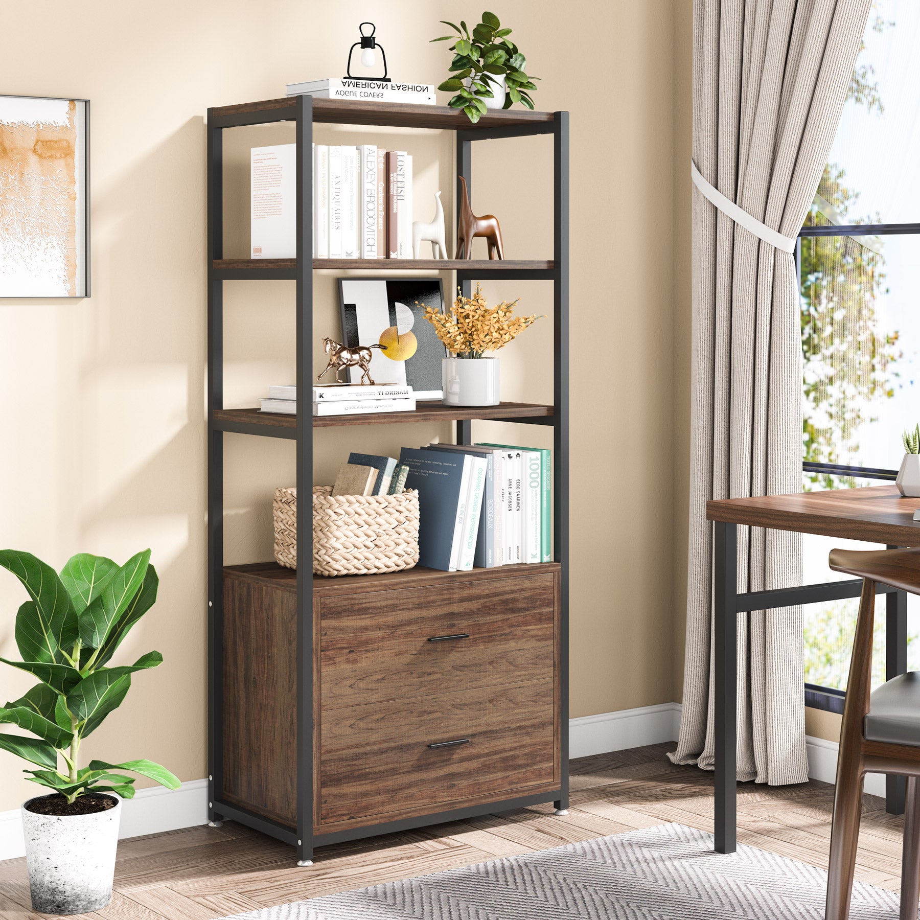 Rustic Etagere Bookshelf with Drawers, Industrial Display Bookcase for Home Office