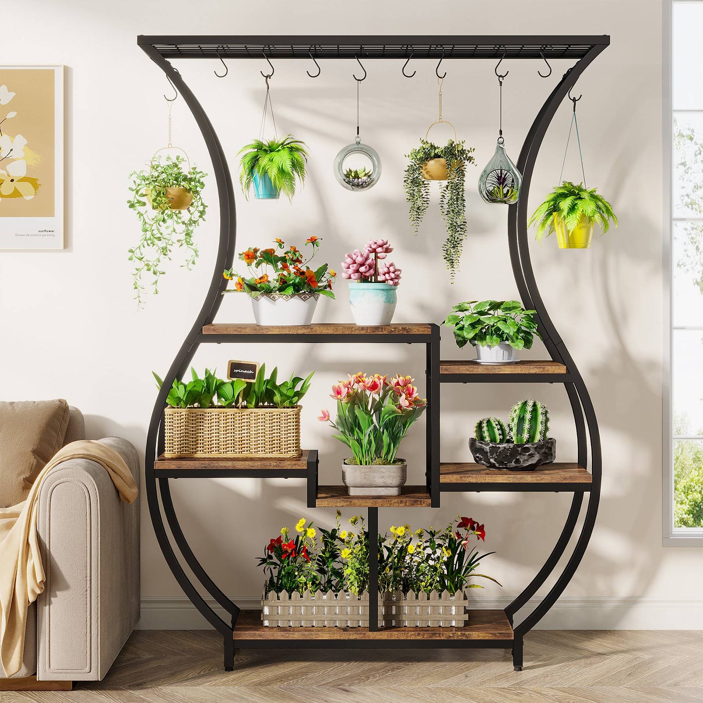 Plant Stand, Vase Shape 6-Tier Plant Display Rack with 10 Hanging Hooks Tribesigns