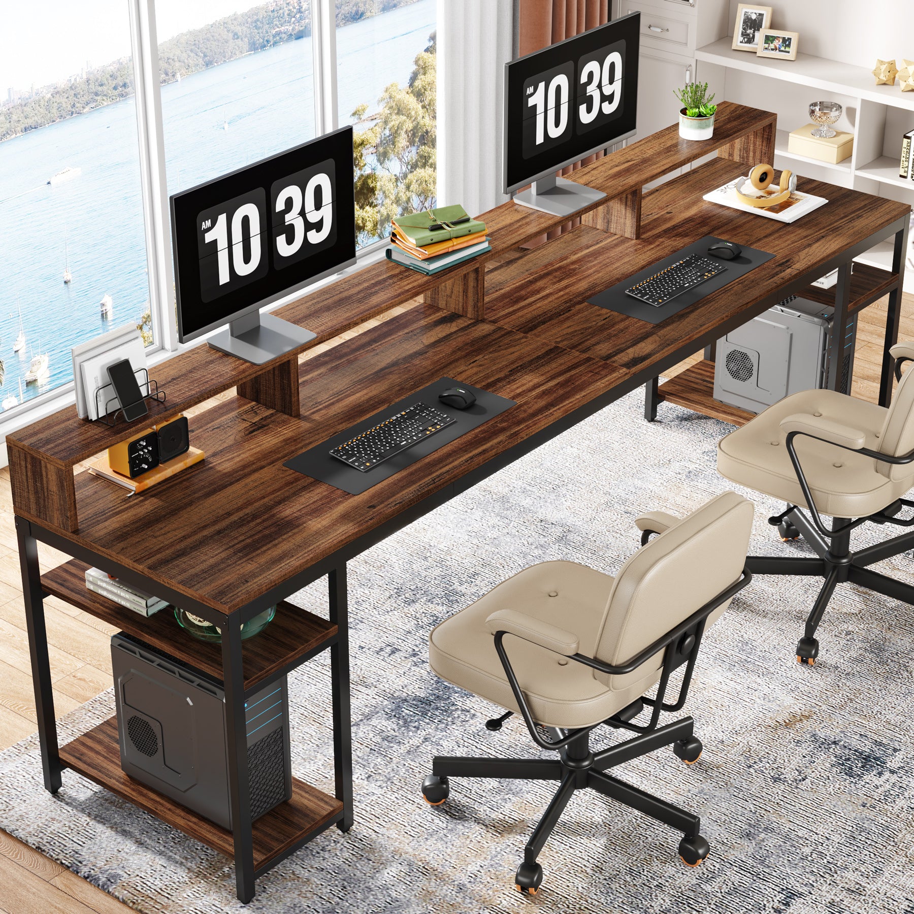 200 cm Two-Person Desk, Long Computer Desk with Monitor Stand and Storage Shelves