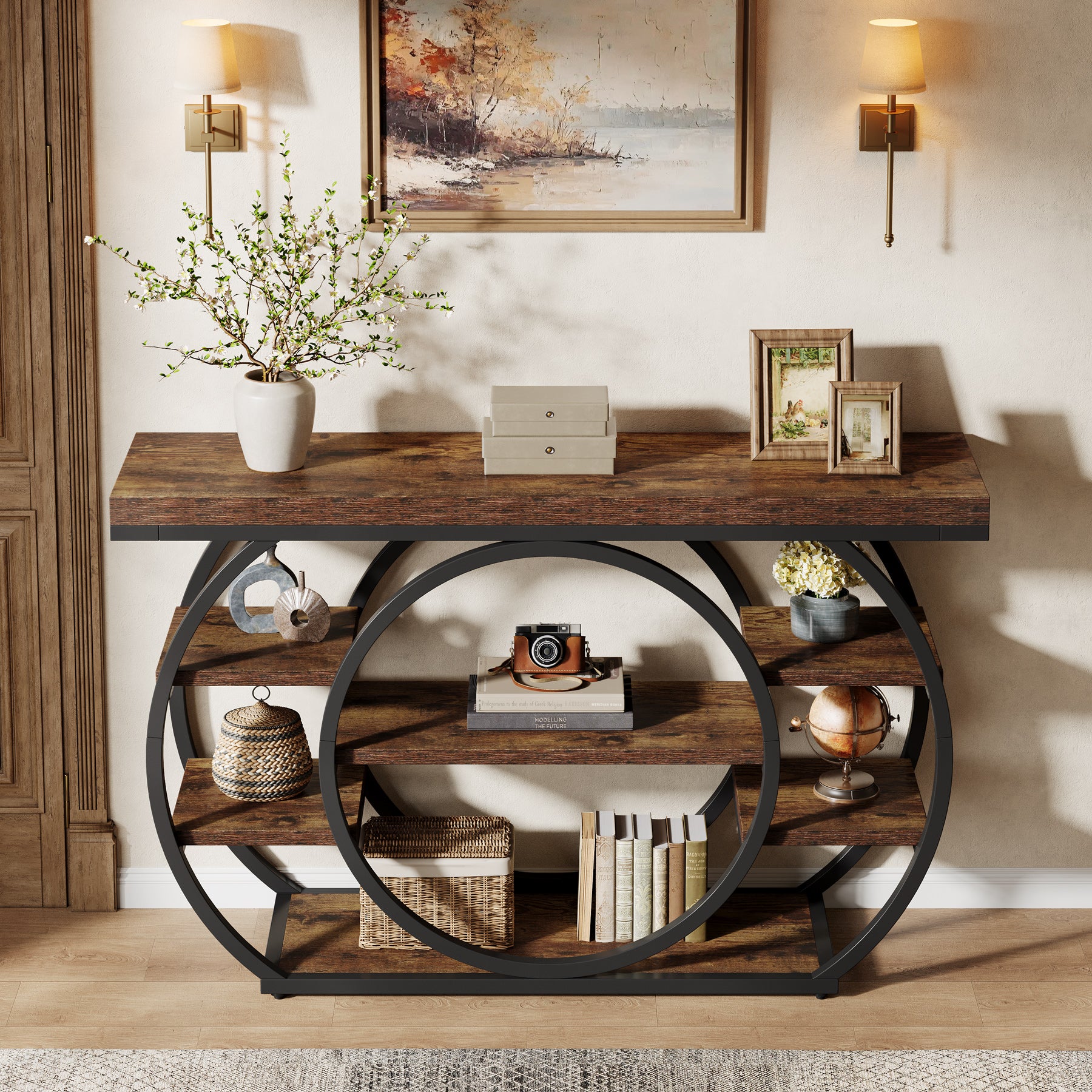 120cm Console Table, 5-Tier Industrial Entryway Table with Metal Frame, Narrow Sofa Table Behind Couch