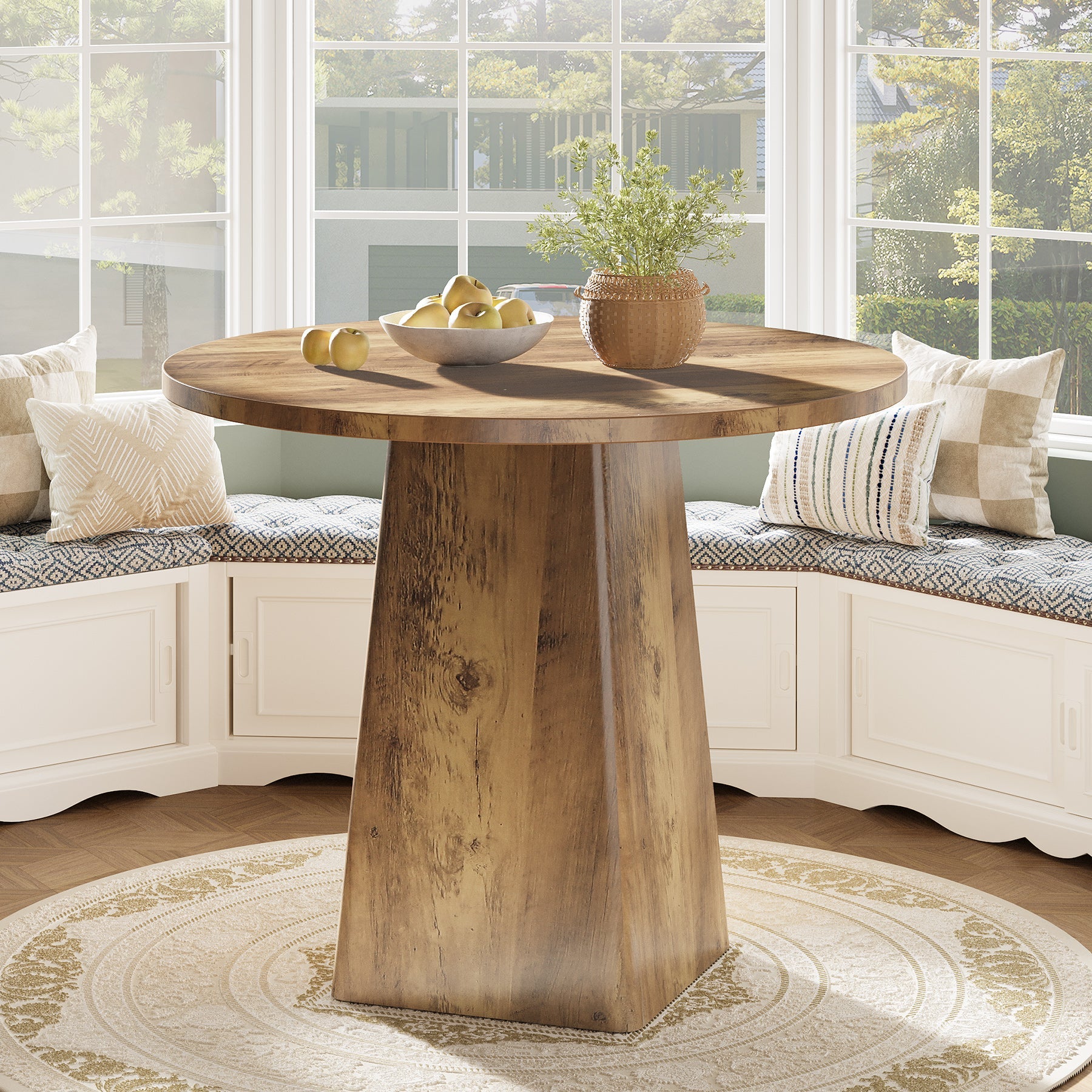 80cm Round Dining Table for 2-4, Farmhouse Wooden Kitchen Table with Square Base for Small Spaces