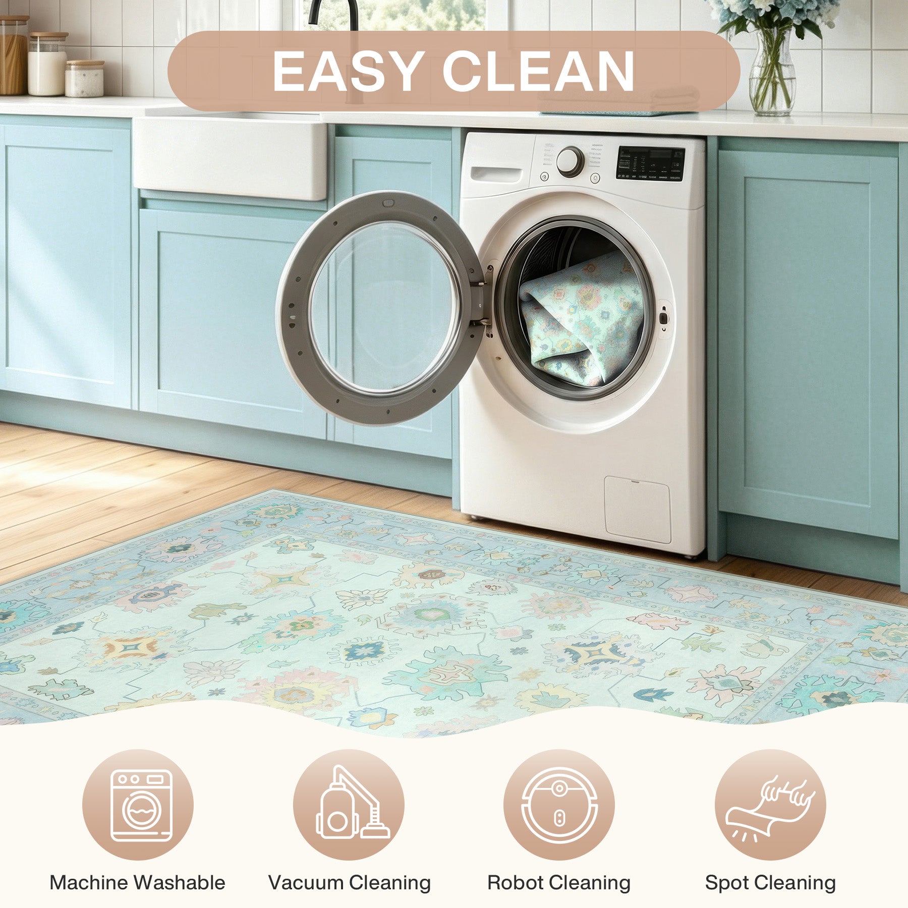 Oeko-Tex Certified Bohemian Floral Rug, Easy-Clean Low-Pile Oushak Carpet with Non-Skid Backing