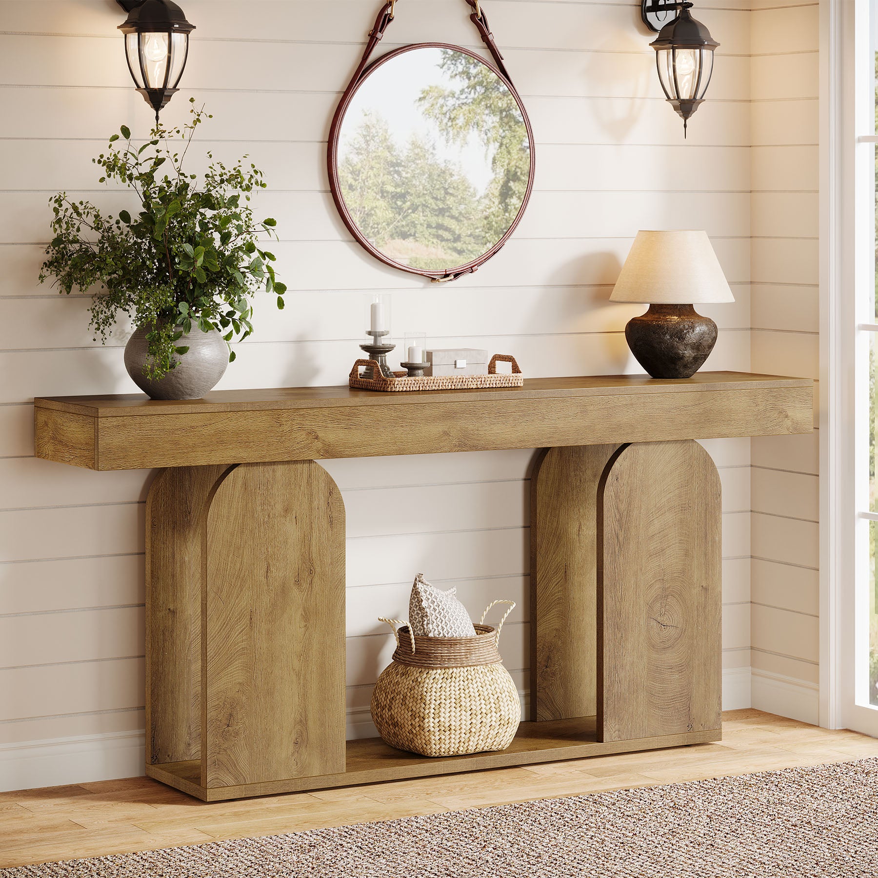180cm Extra Long Farmhouse Console Table with 2-Tier Storage Shelf, Wooden Entryway & Sofa Table
