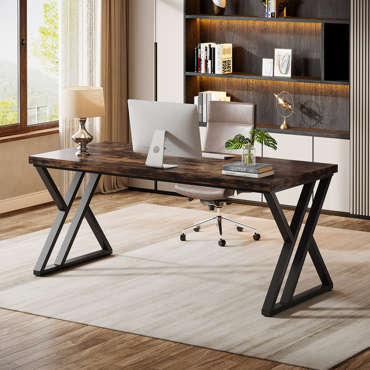 140 cm Computer Desk, Modern Z-Shaped Metal Leg Writing Desk