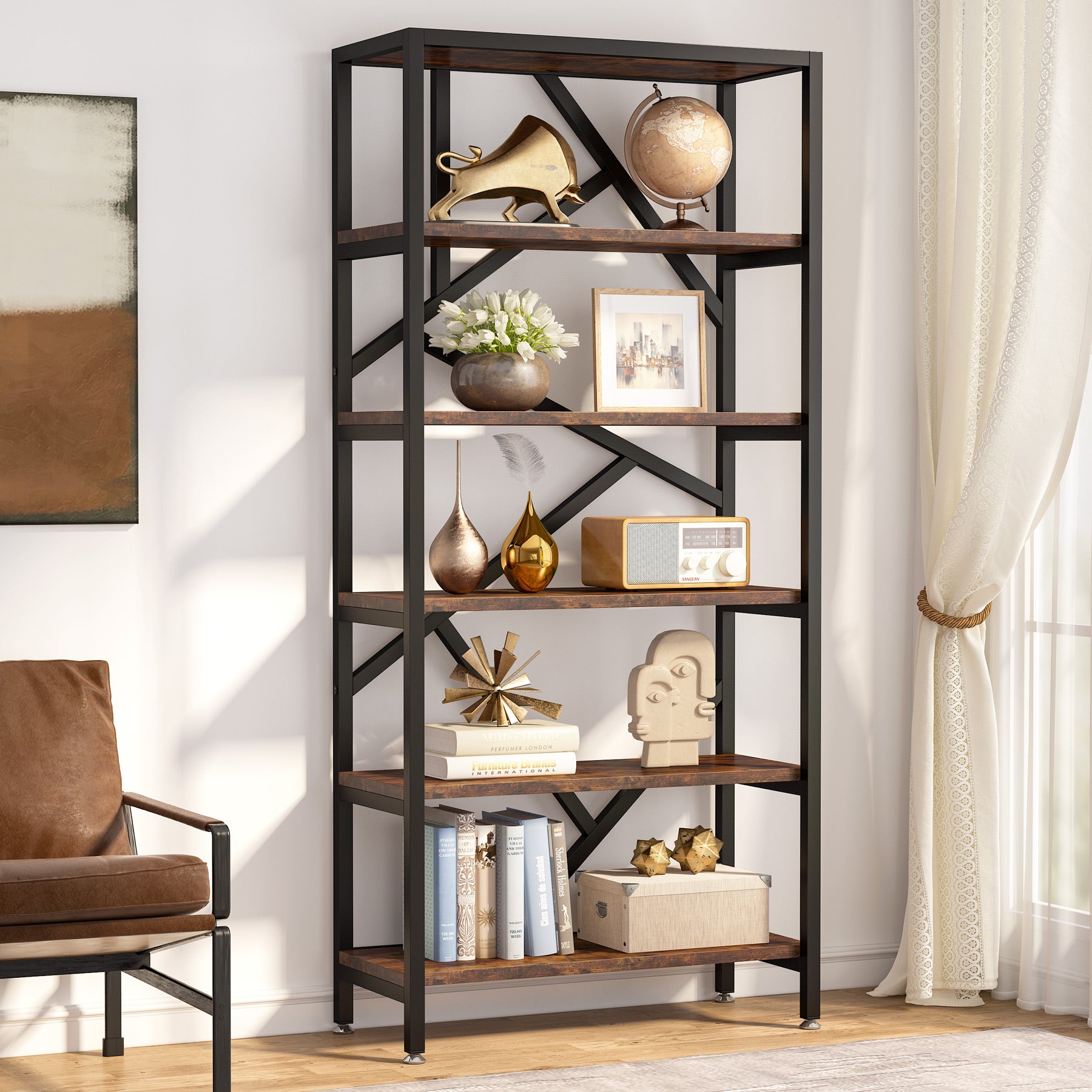 180cm Industrial Bookshelf, 6-Tier Freestanding Etagere Storage Shelf for Home Office