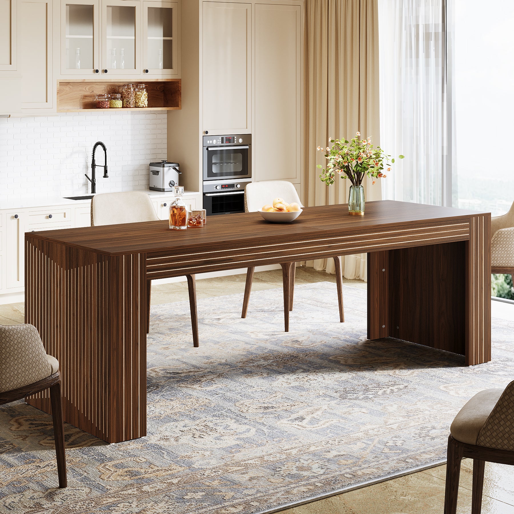 200cm Large Walnut Dining Table for 6-8, Rectangular Modern Farmhouse Table with Heavy-Duty Pedestal