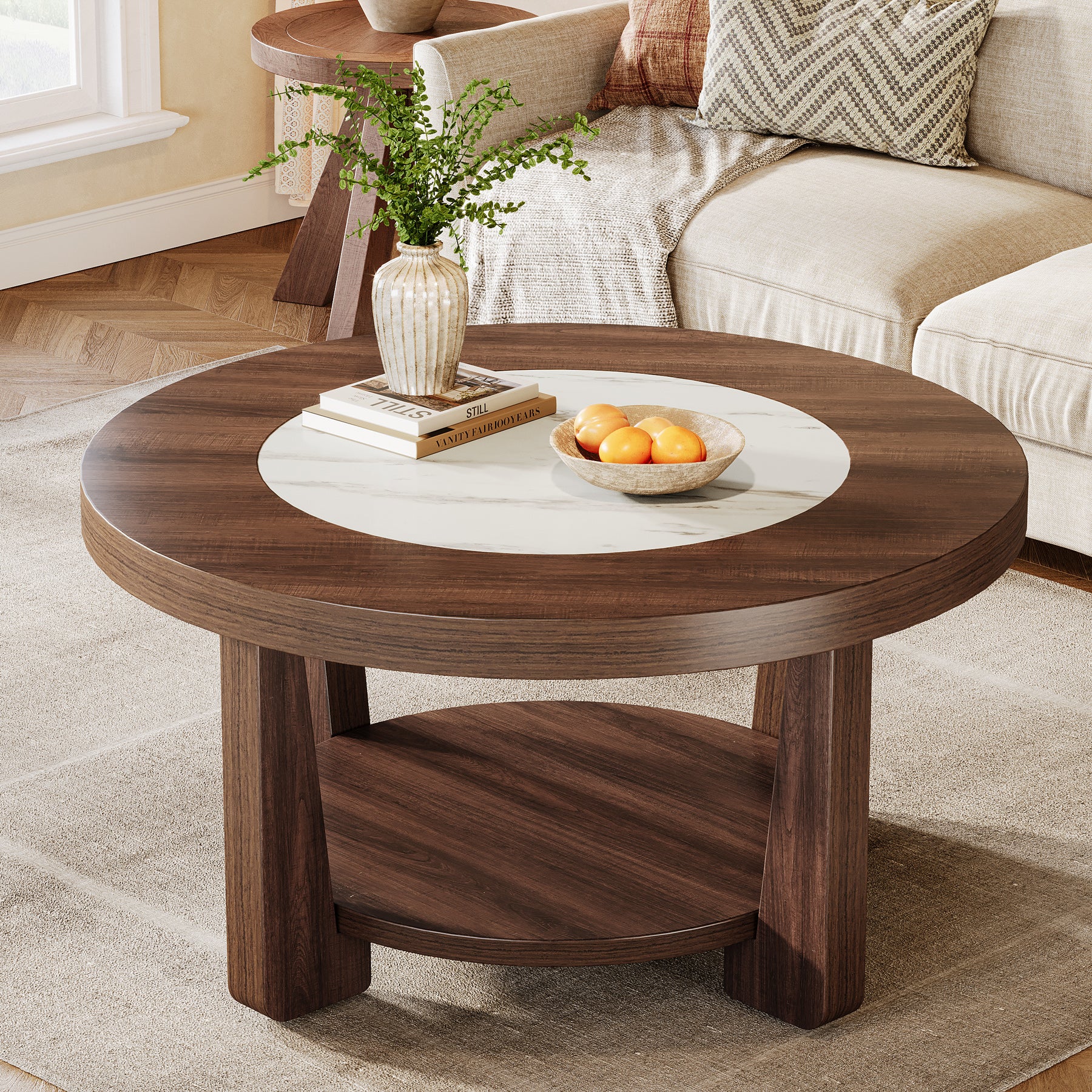 2-Tier Coffee Table, Round Accent Center Table with Heavy-Duty Tabletop