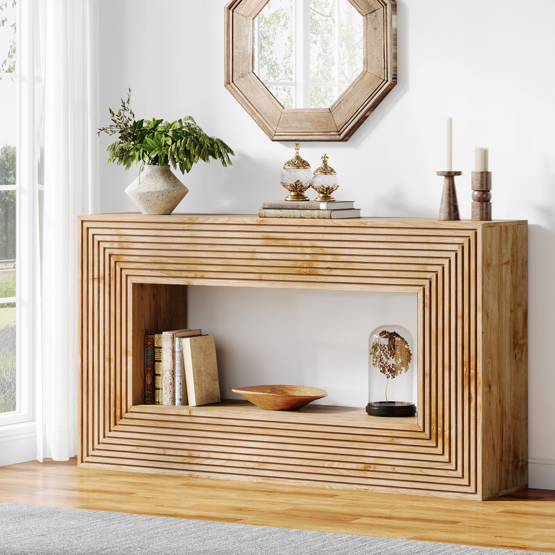 150cm Fluted Farmhouse Console Table with Storage Shelf, Rectangular Wood Sofa Table