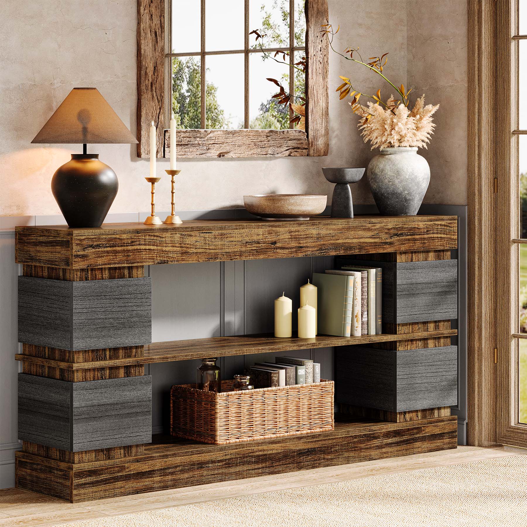 160cm Farmhouse 3-Tier Console Table with 4 Storage Compartments, Long Wooden Entryway & Sofa Table