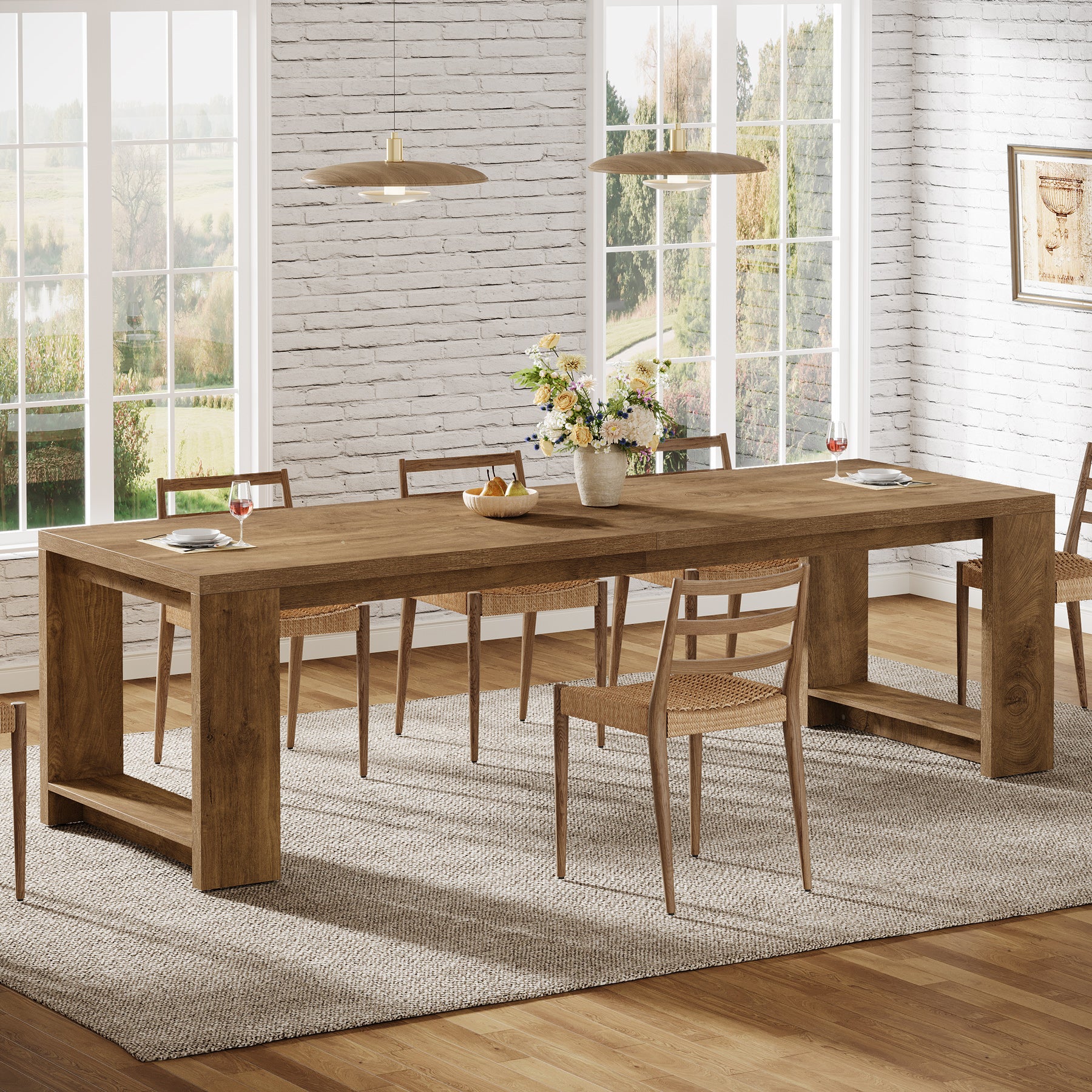 220cm Farmhouse Dining Table for 6–8 People, Rectangular Kitchen Table with Solid Wood Pedestal Base