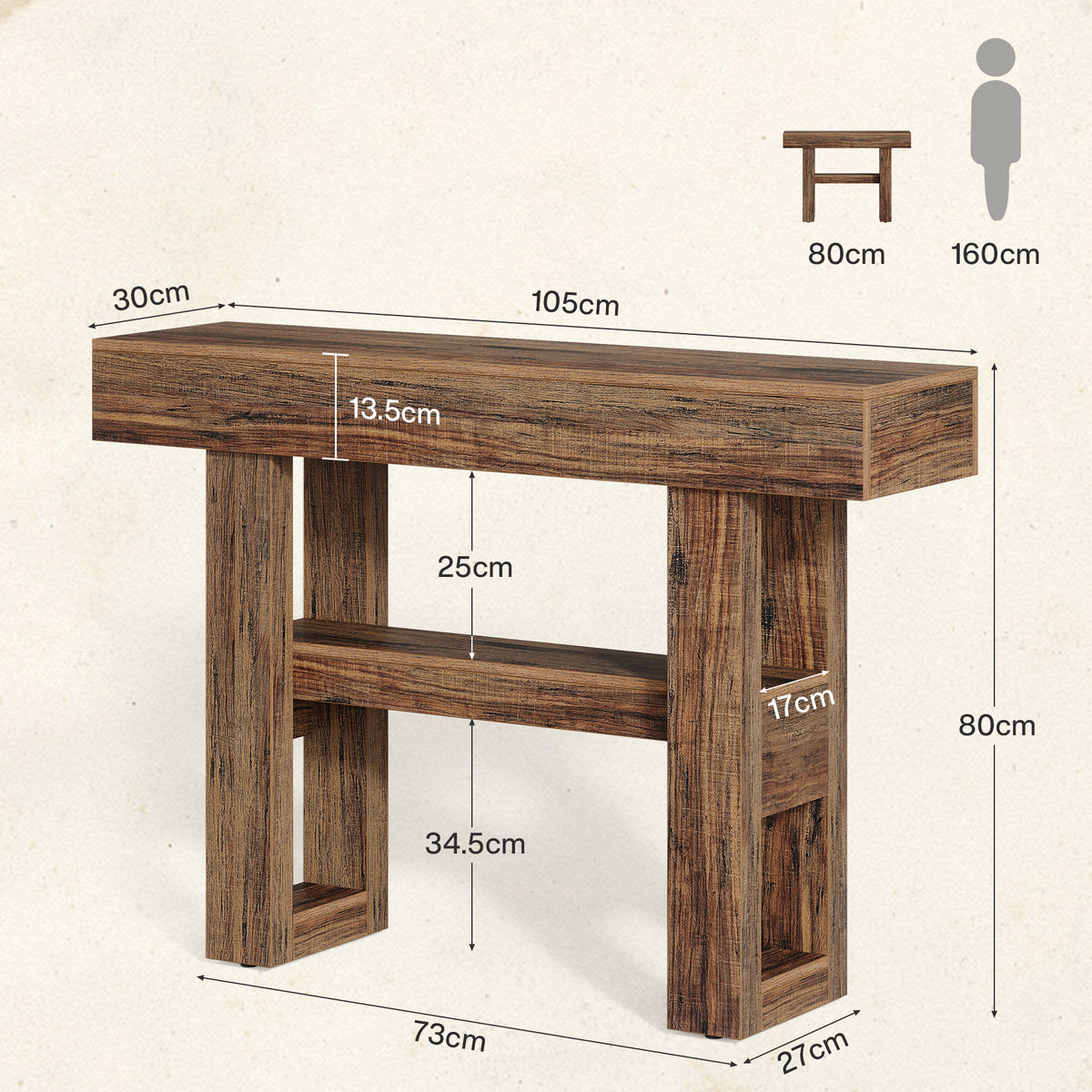 105 cm Narrow Console Table with 2 Shelves, Rustic Brown Entryway Table