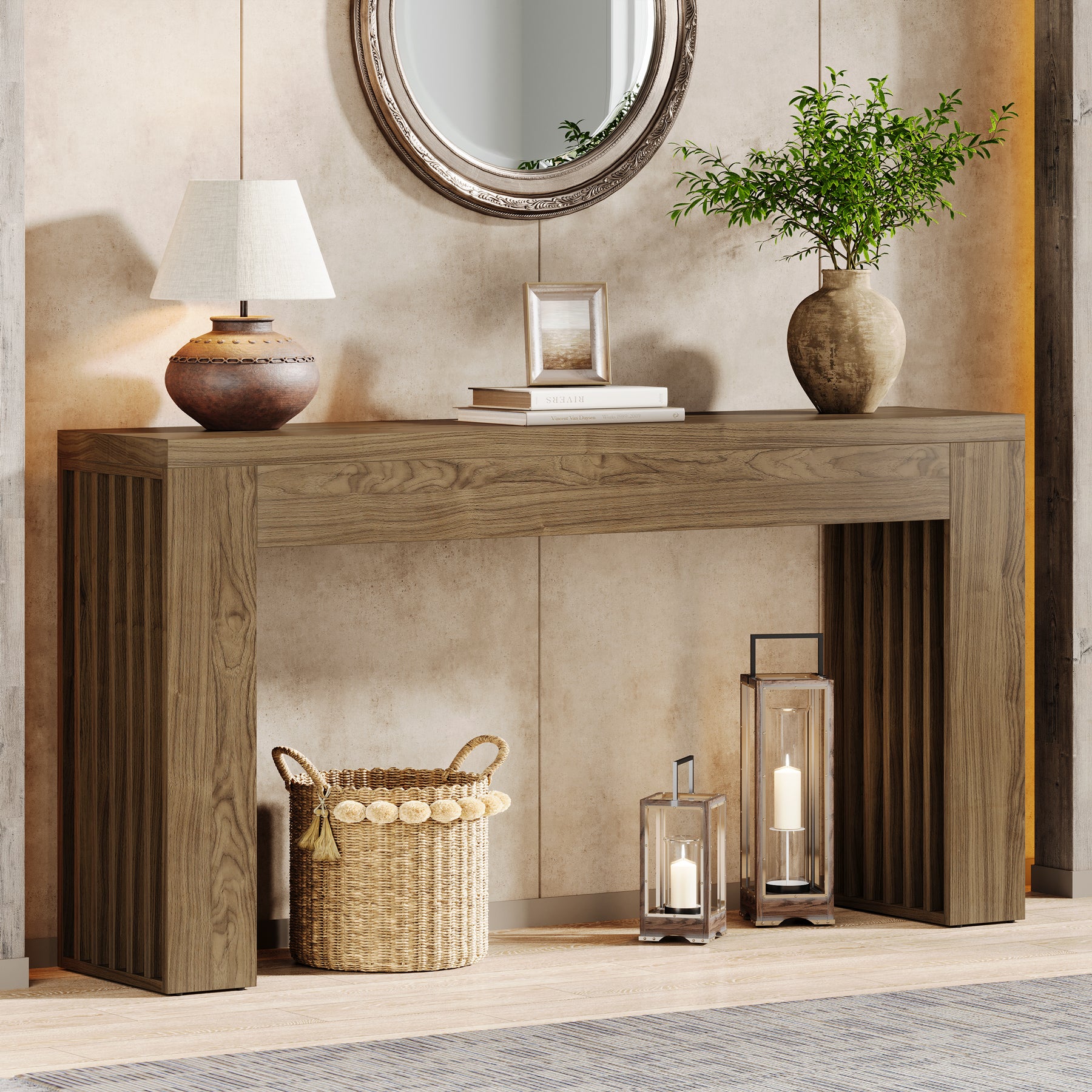 150cm Wooden Console Table, Farmhouse Sofa Table with Vertical Slat Legs for Entryway & Living Room