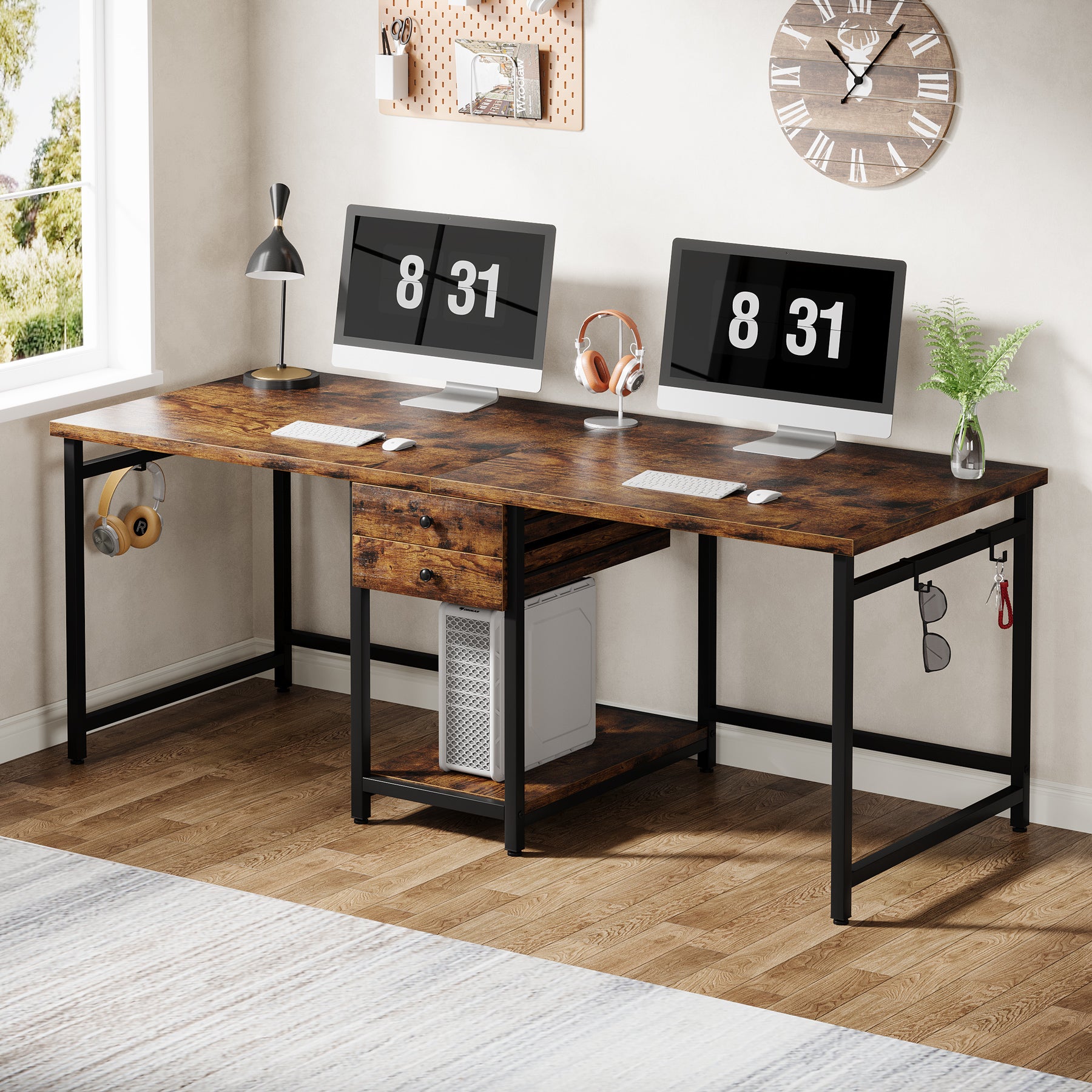 200cm Industrial Two Person Desk with Drawers & Storage Shelf, Double Computer Desk for Home Office