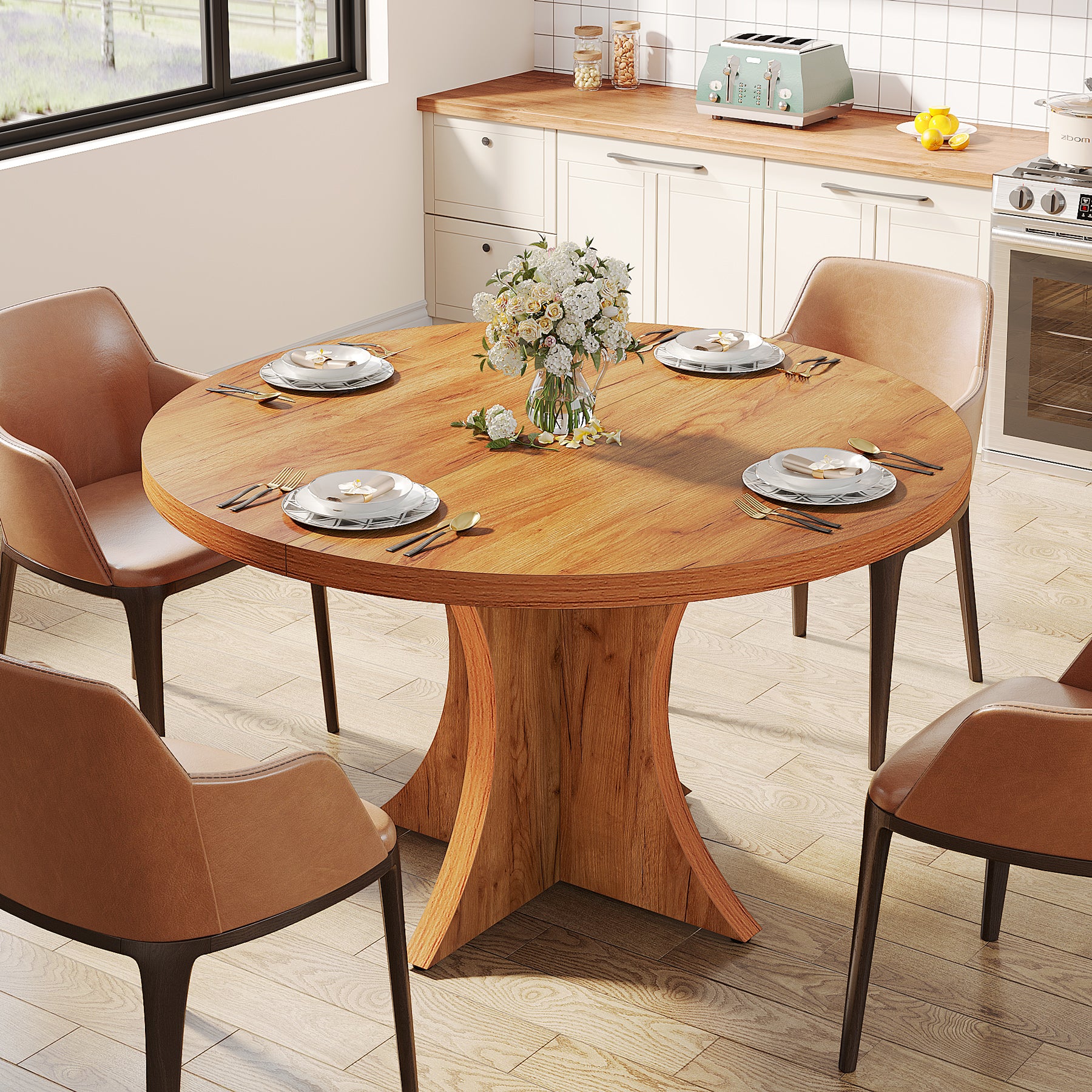 120cm Round Dining Table, Farmhouse Kitchen Table with Pedestal Base for 4-6