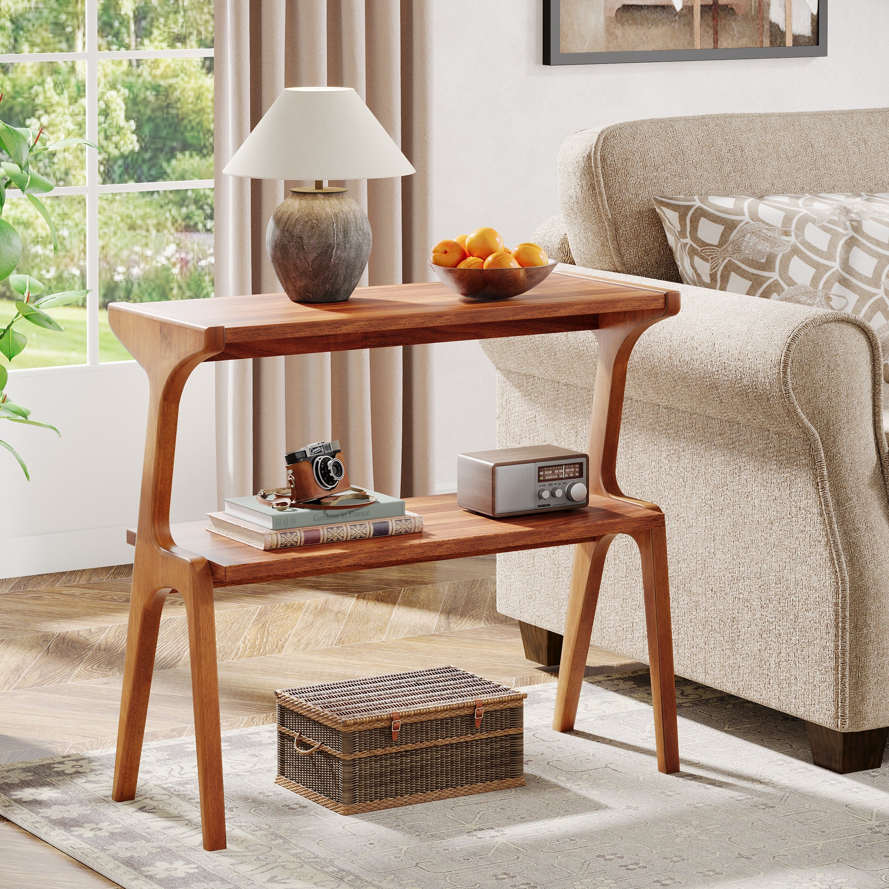 2-Tier Wood End Table, Farmhouse Couch Side Table with Storage Shelves