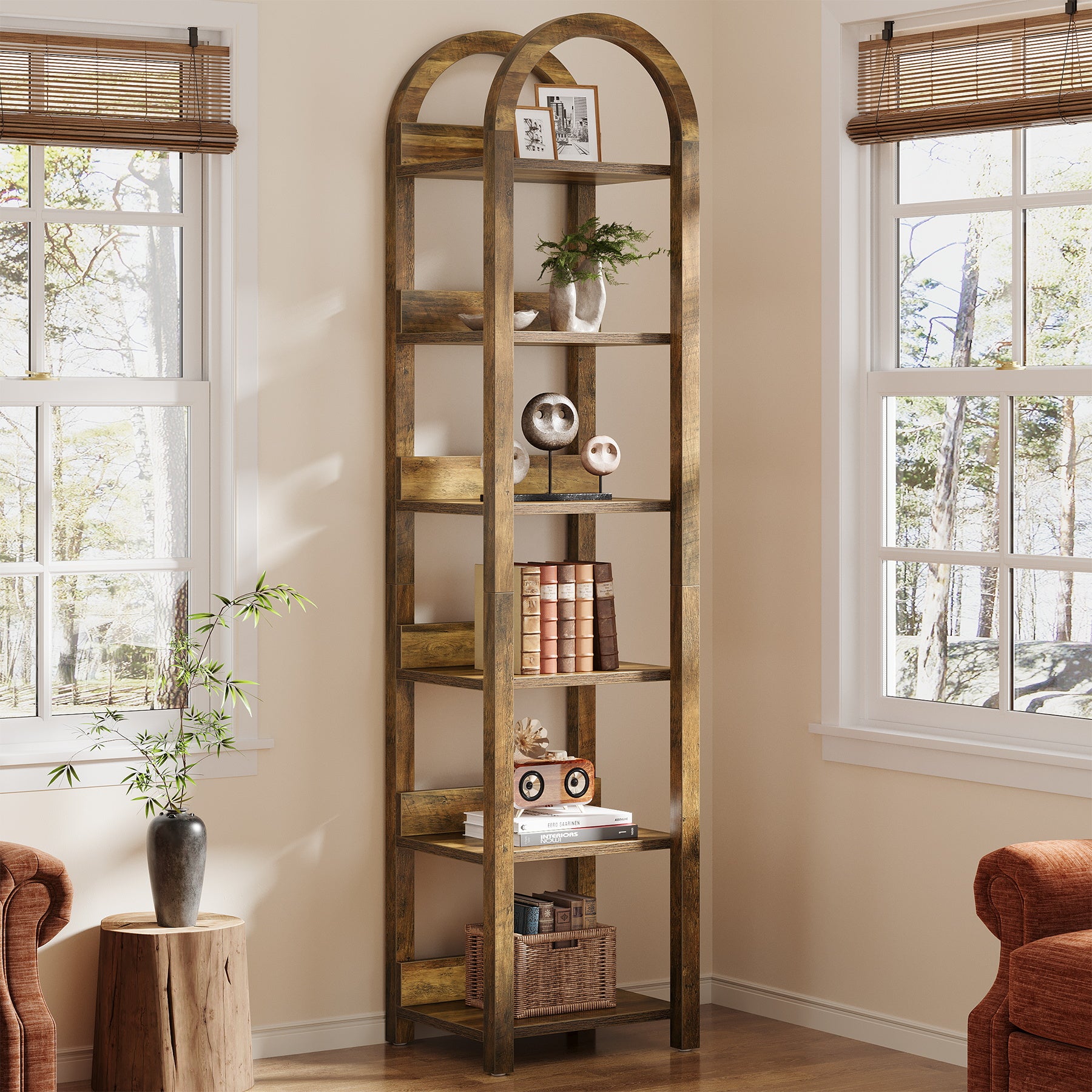 6-Tier Narrow Bookshelf, 180cm Tall Arched Bookcase for Small Spaces, Slim Wooden Display Shelf