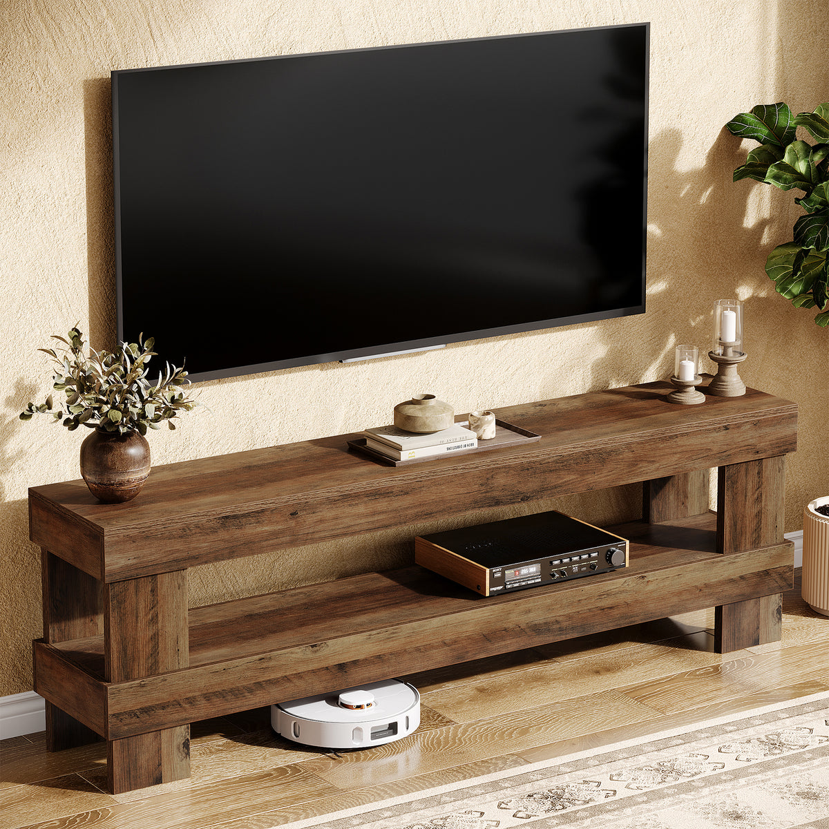 150 cm TV Stand with Open Storage Shelf, Farmhouse Brown Entertainment Unit