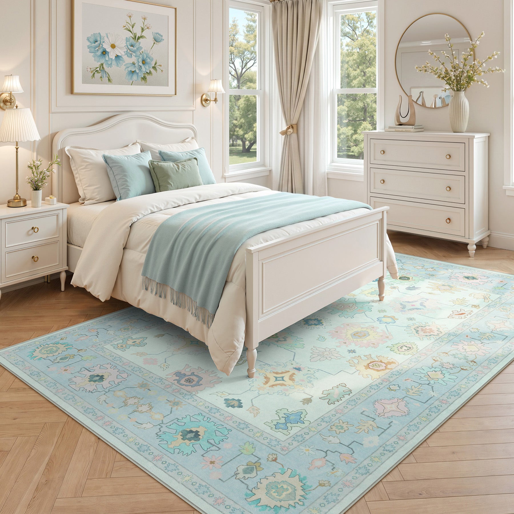 Oeko-Tex Certified Bohemian Floral Rug, Easy-Clean Low-Pile Oushak Carpet with Non-Skid Backing