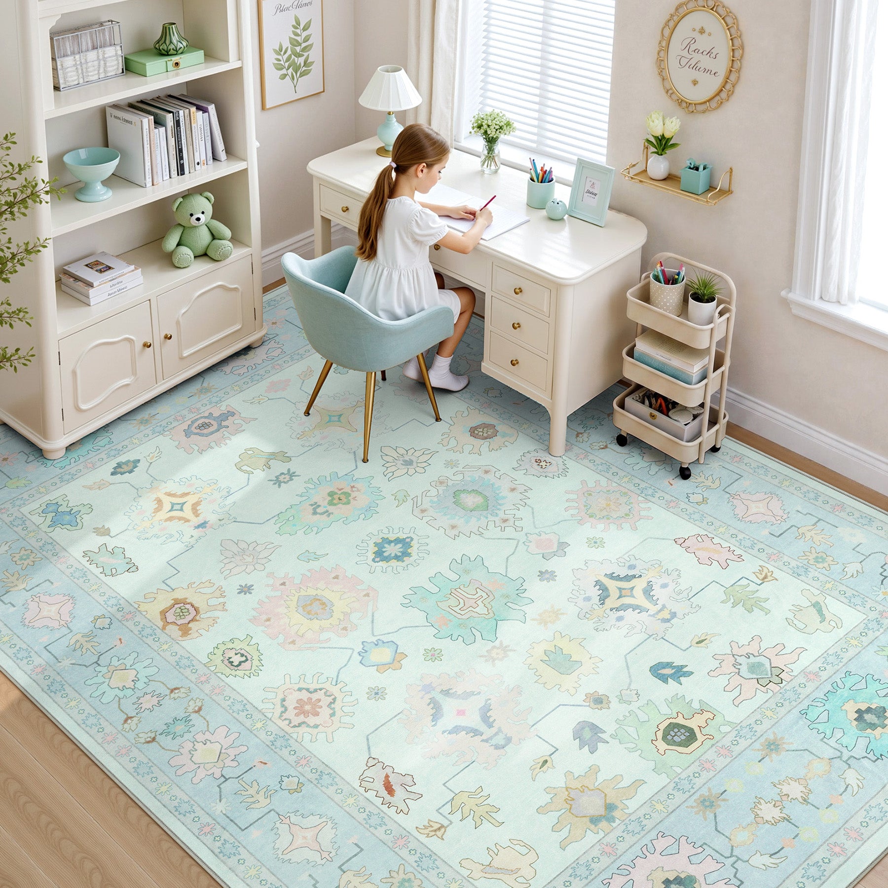 Oeko-Tex Certified Bohemian Floral Rug, Easy-Clean Low-Pile Oushak Carpet with Non-Skid Backing