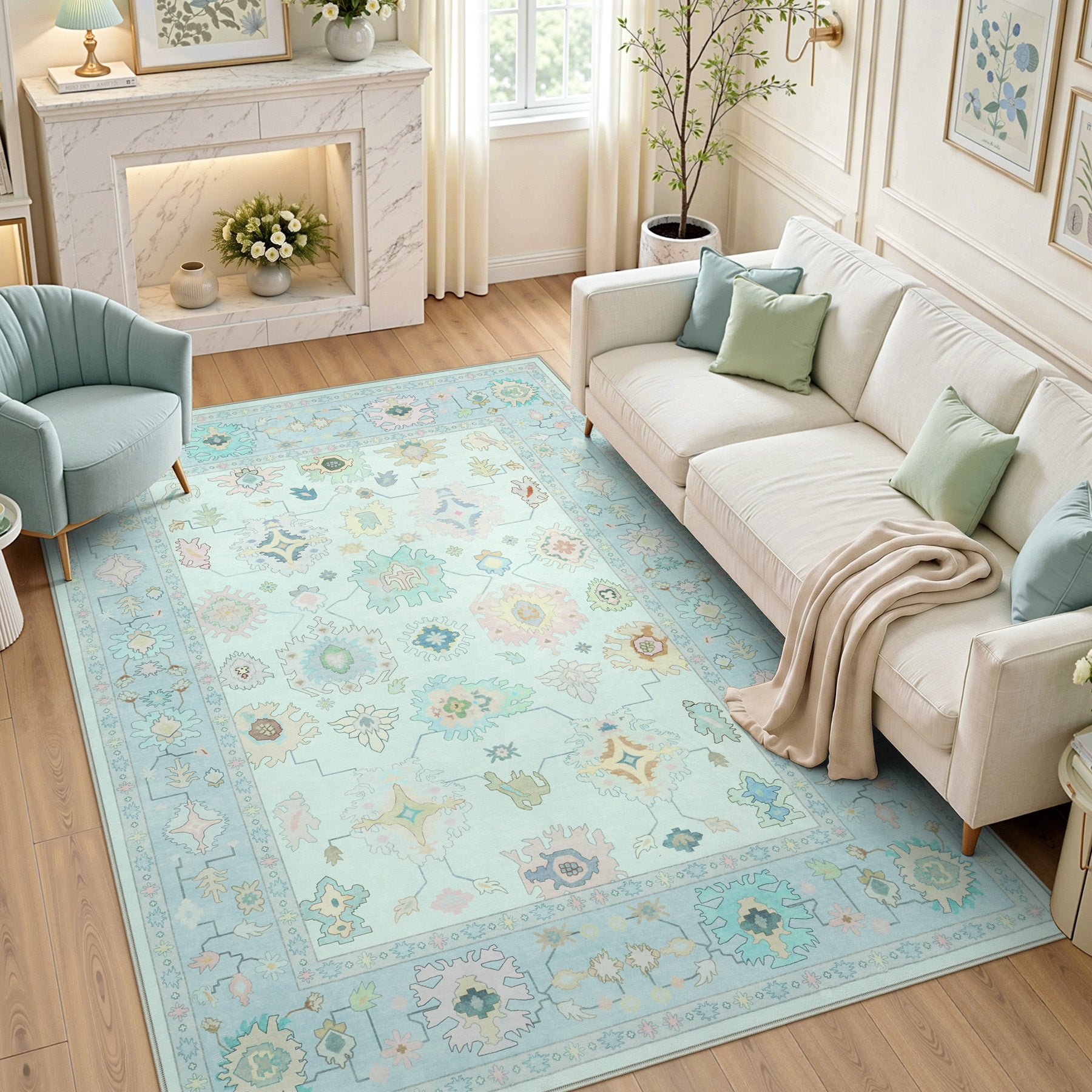 Oeko-Tex Certified Bohemian Floral Rug, Easy-Clean Low-Pile Oushak Carpet with Non-Skid Backing