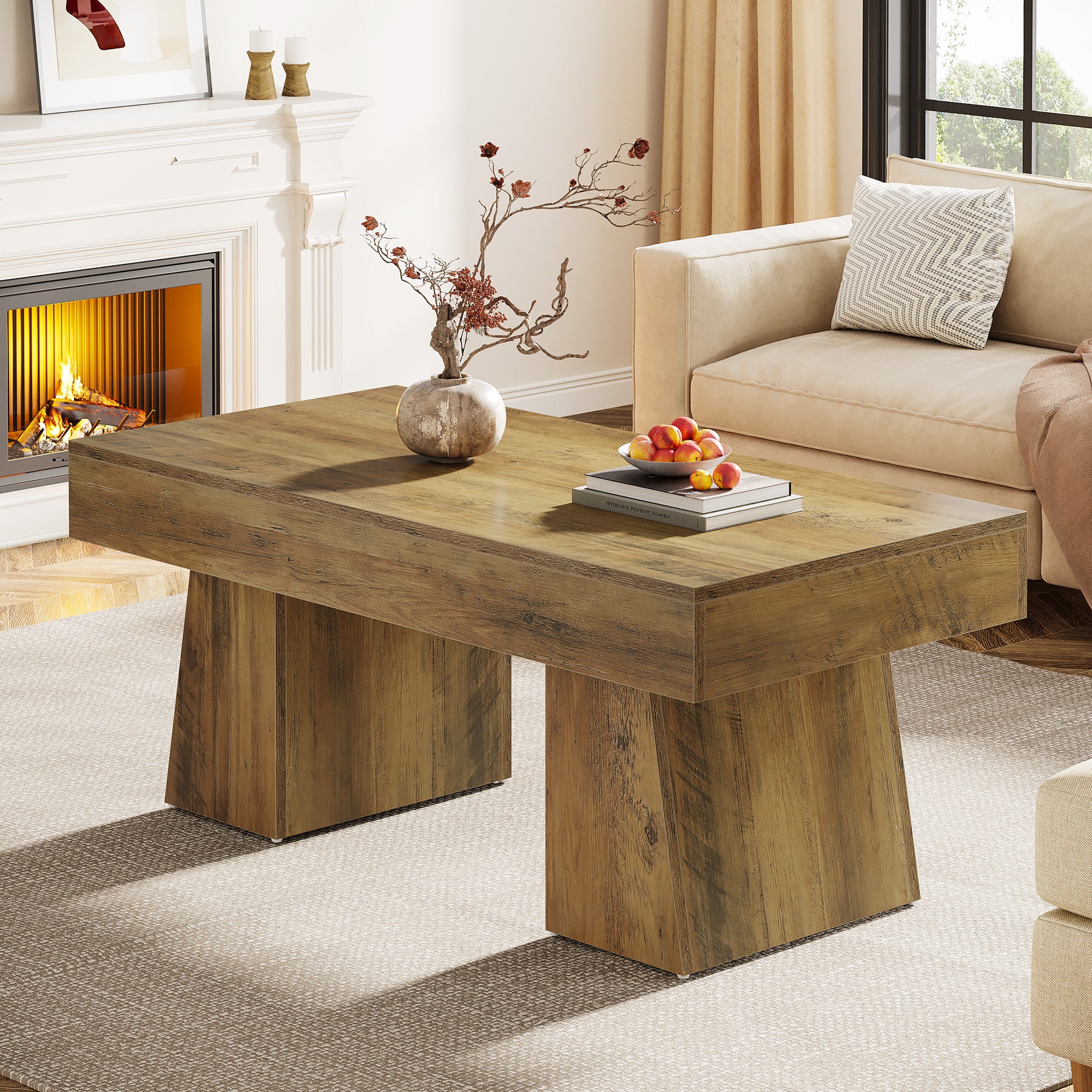 120cm Farmhouse Coffee Table, Rectangular Wooden Centre Table for Living Room