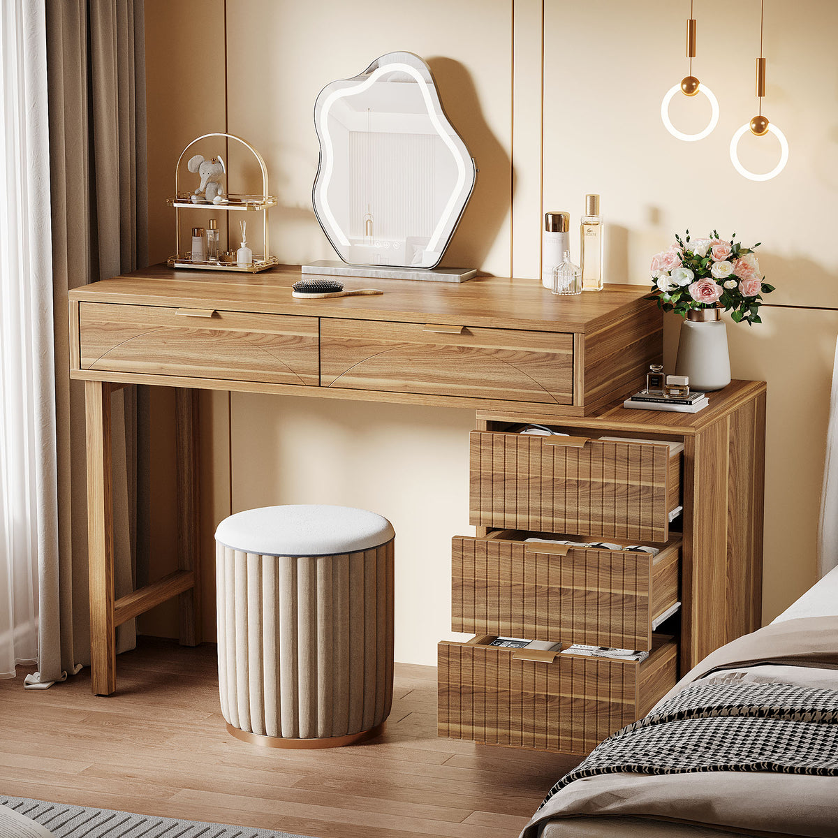 Walnut Brown Vanity Desk with 5 Drawers, Reversible Dressing Table