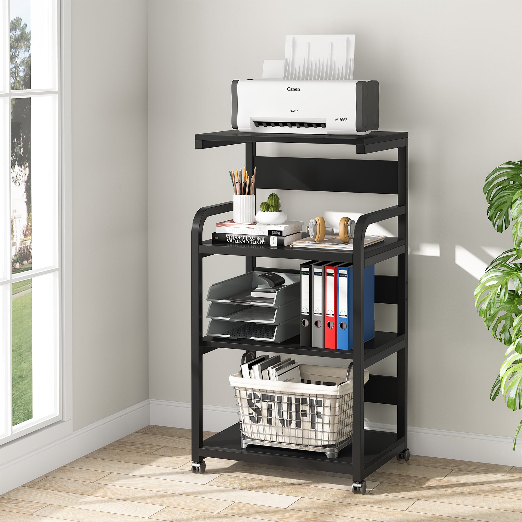 4-Tier Large Printer Stand with Storage Shelves, Mobile Storage Cart with Wheels