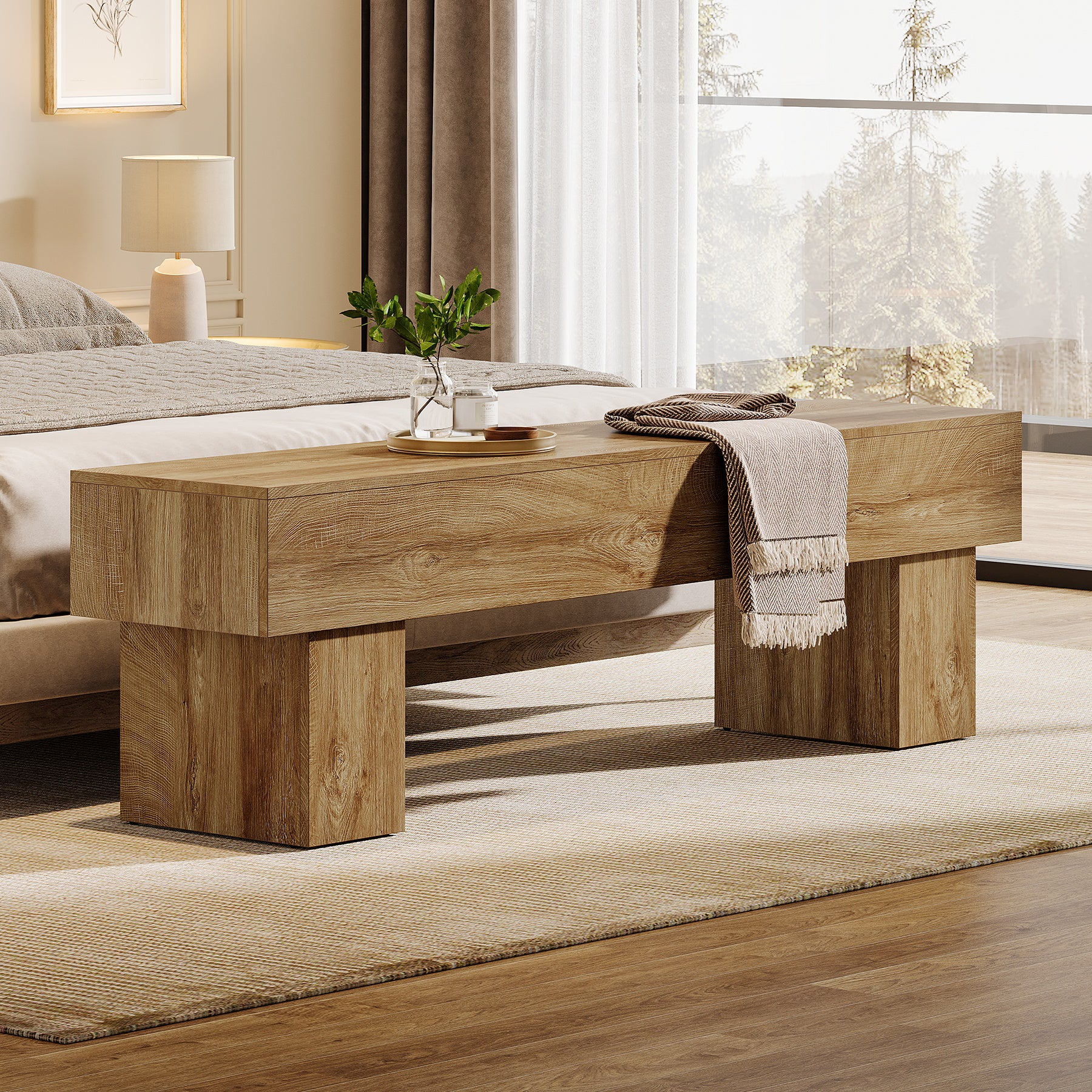 160cm Long Farmhouse Bench, Wooden End of Bed & Entryway Bench for Living Room or Dining Room