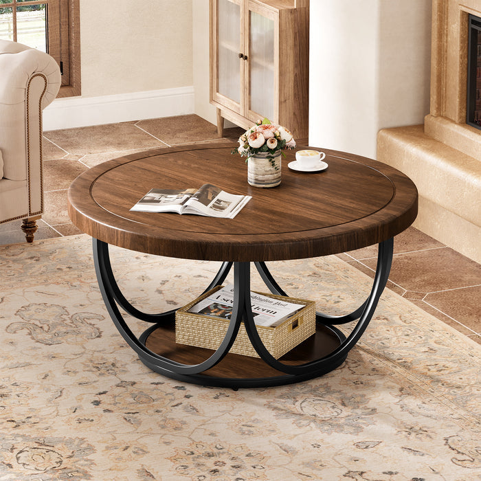 80 cm Round Coffee Table with Storage Shelf, 2-Tier Centre Table with Metal Frame in Industrial Style