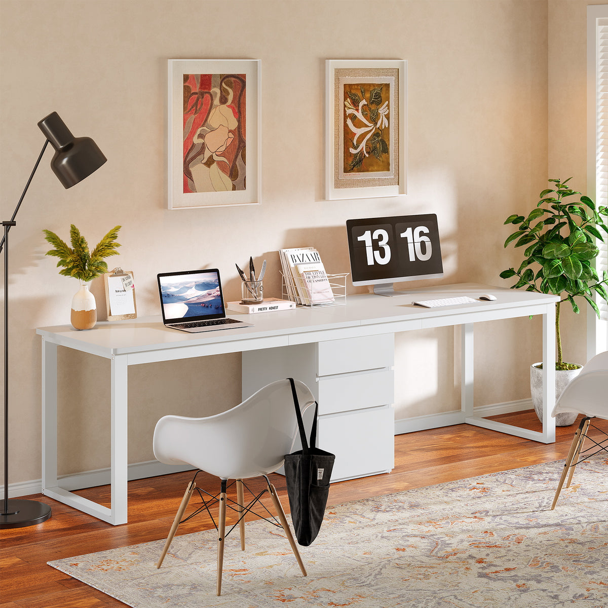 200 cm Double Desk for Two with 3 Drawers, White Home Office Desk