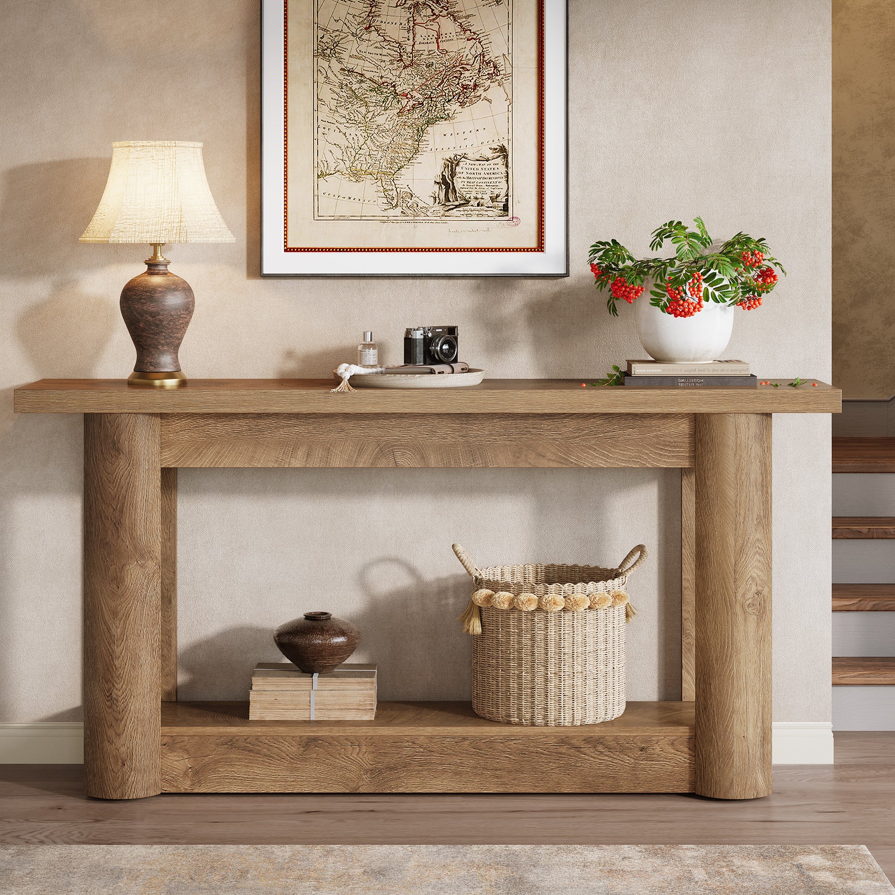 160cm Farmhouse Console Table, Narrow 2-Tier Sofa Table for Entryway & Living Room
