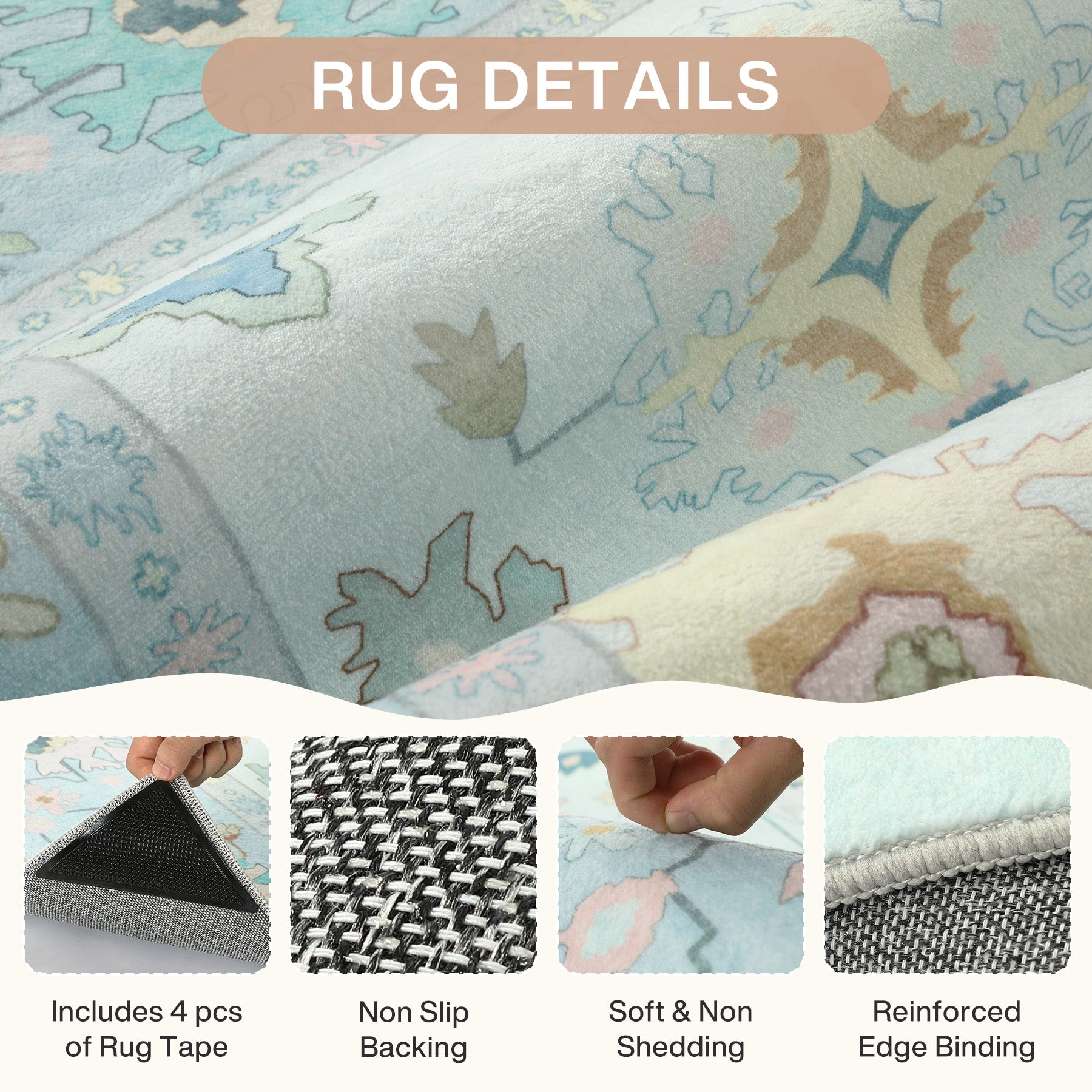 Oeko-Tex Certified Bohemian Floral Rug, Easy-Clean Low-Pile Oushak Carpet with Non-Skid Backing