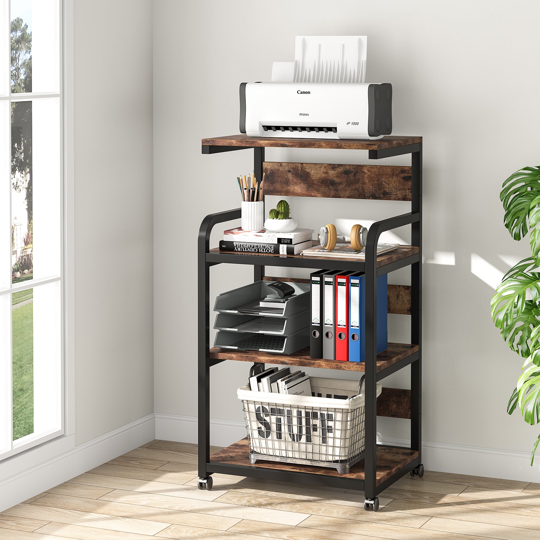 4-Tier Large Printer Stand with Storage Shelves, Mobile Storage Cart with Wheels