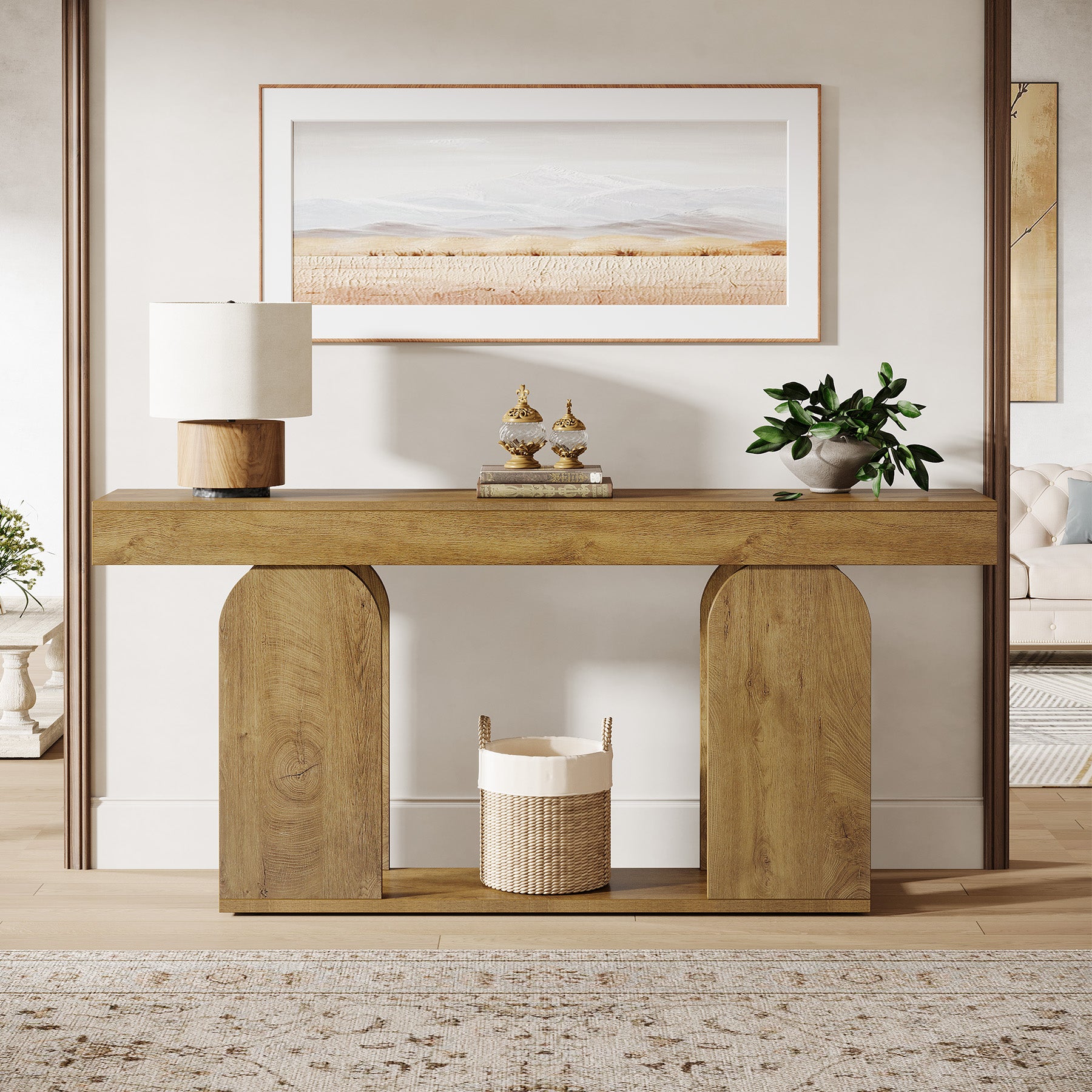 180cm Extra Long Farmhouse Console Table with 2-Tier Storage Shelf, Wooden Entryway & Sofa Table