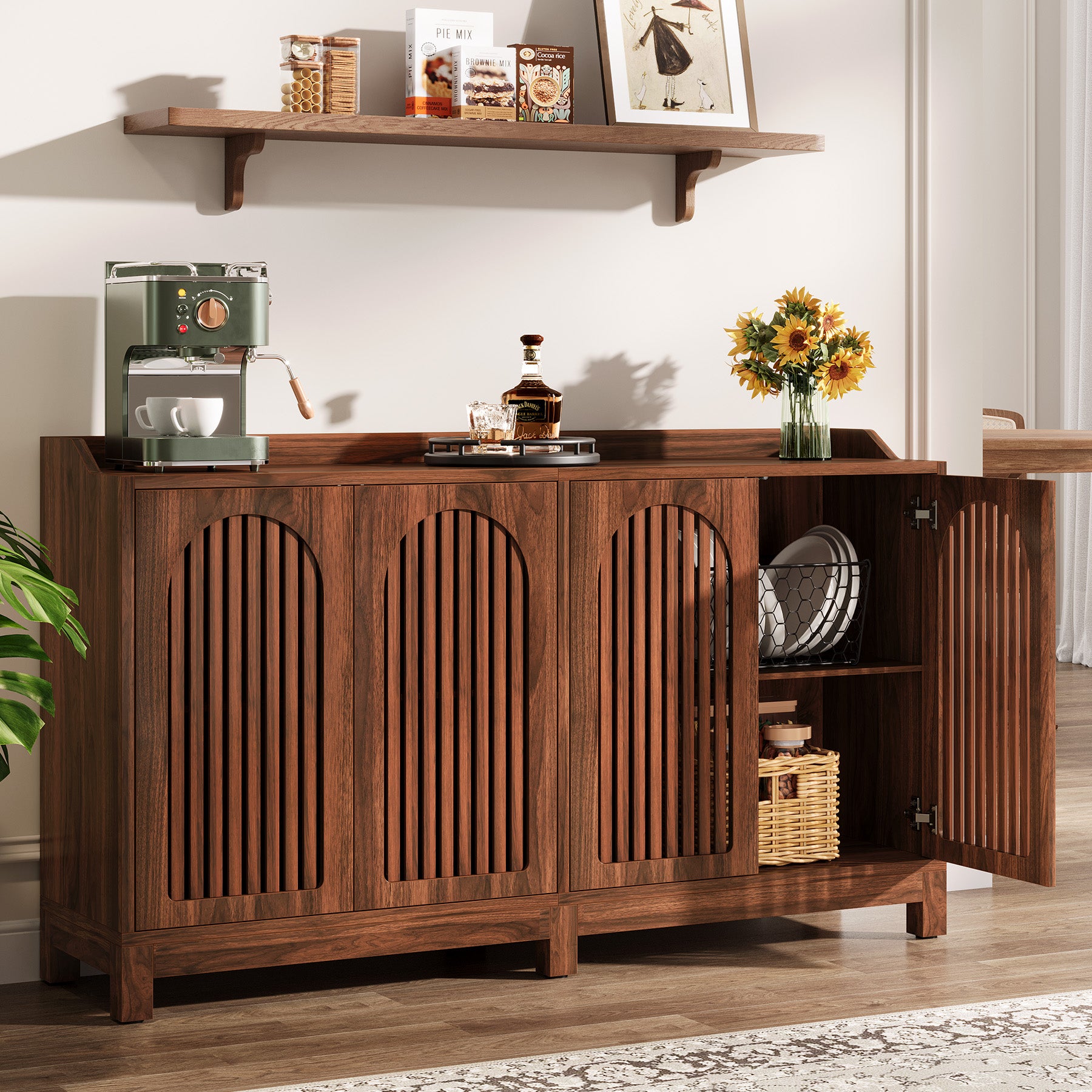 145cm Farmhouse Sideboard Buffet Cabinet with Shutter Doors, Freestanding Storage Cabinet for Kitchen & Dining Room