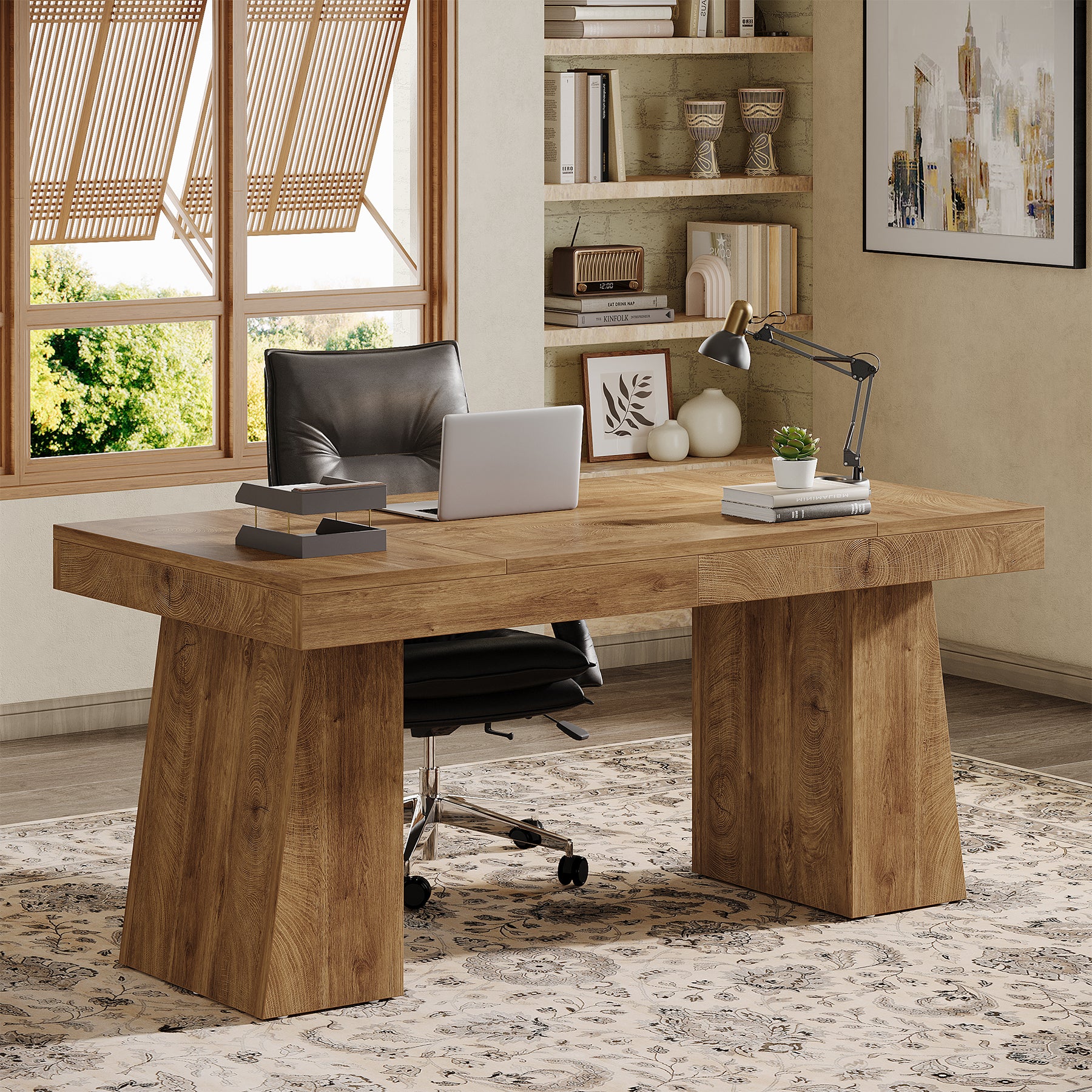 140cm Modern Executive Desk with Double Trapezoid Base, Heavy-Duty Computer Desk for Home Office
