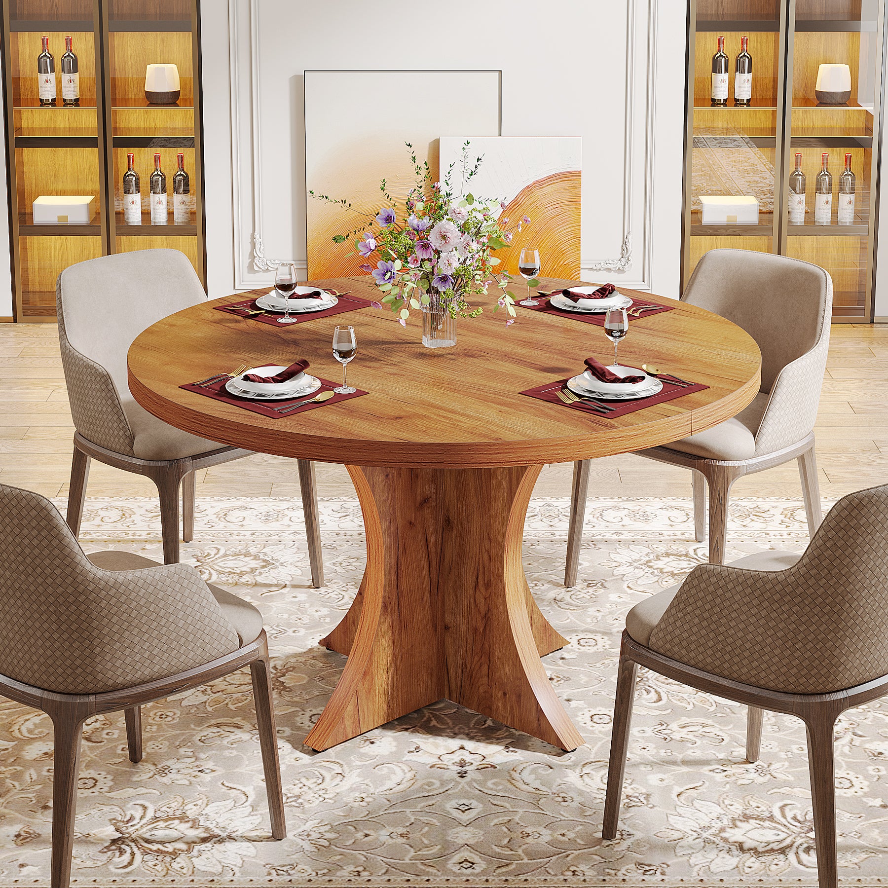 120cm Round Dining Table, Farmhouse Kitchen Table with Pedestal Base for 4-6