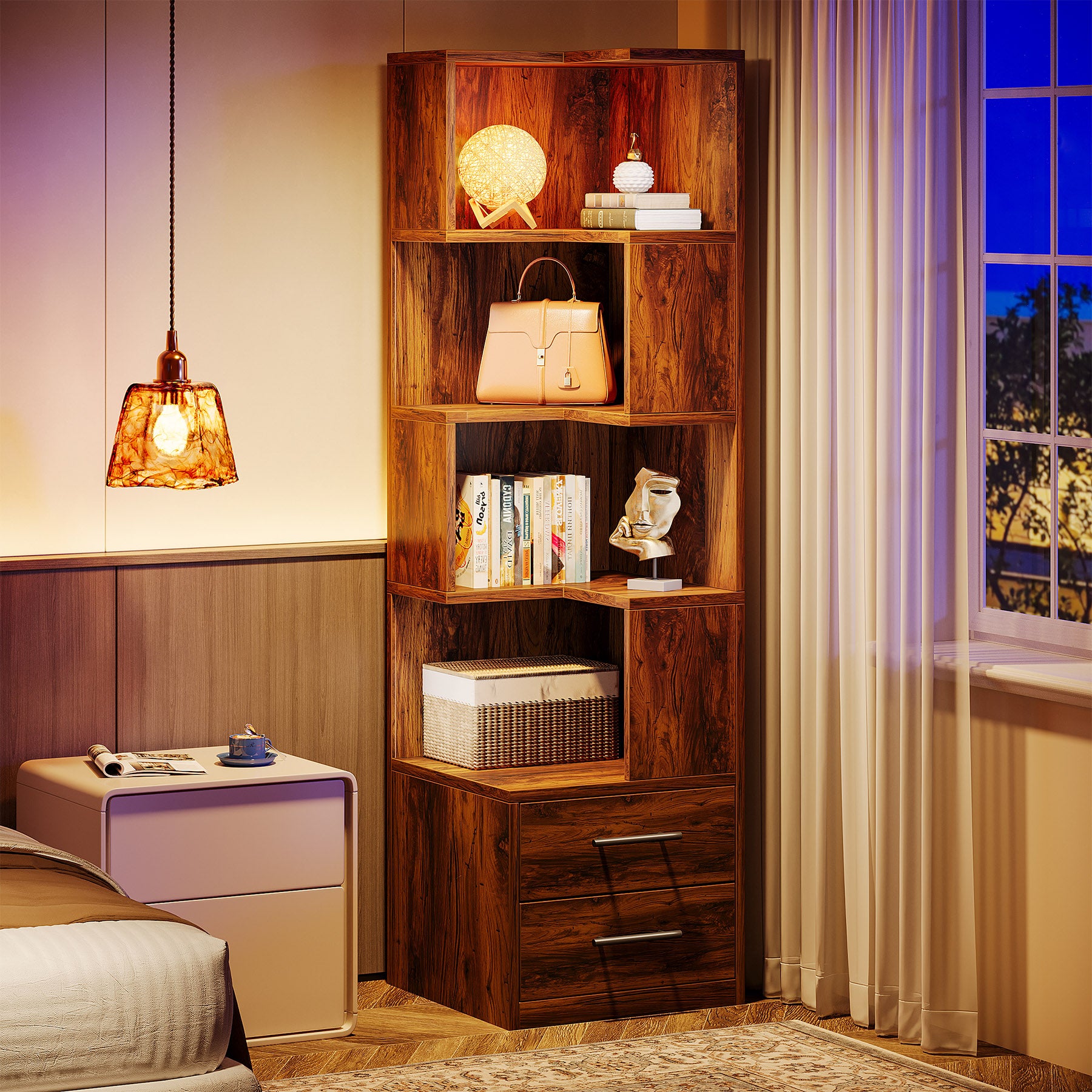 170cm L-Shaped Bookshelf, Corner Bookcase with 5-Tier Shelf & 2 Drawers