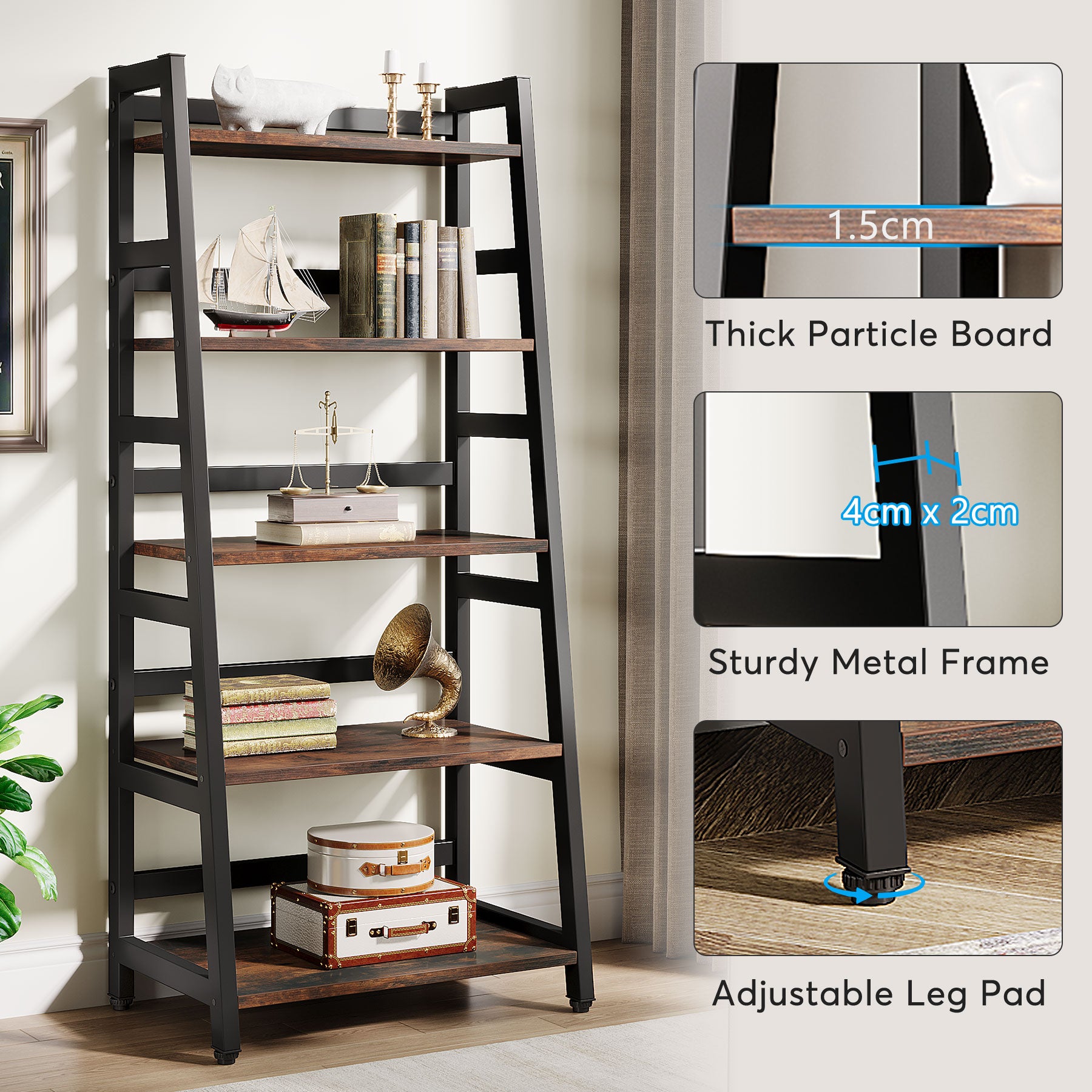 144 cm Industrial 5-Tier Bookshelf, Rustic Wood Ladder Shelf Bookcase with Metal Frame