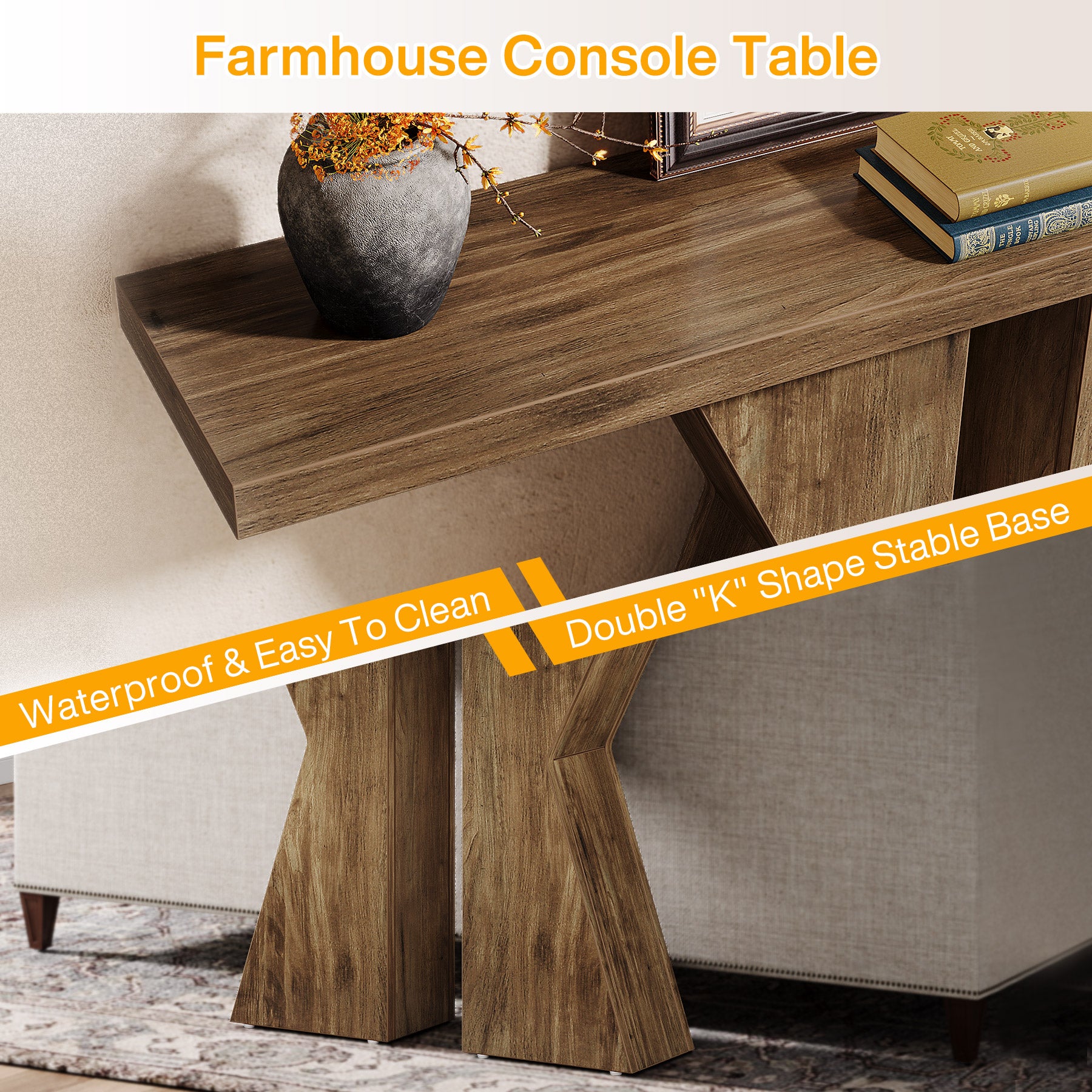 140 cm Console Table, Farmhouse Entry Table with K-Shaped Legs
