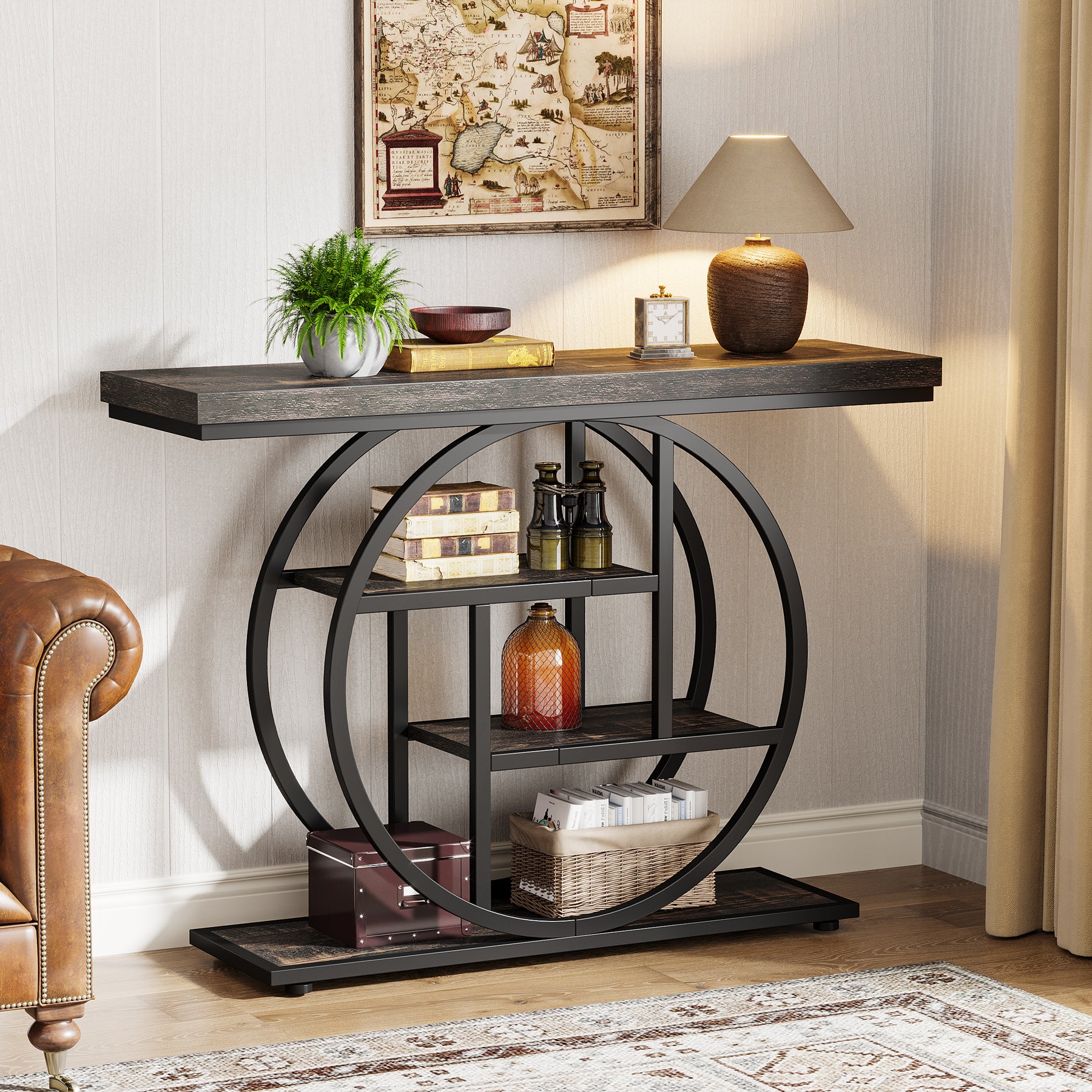 105cm Console Table, Industrial 4-Tier Sofa Entryway Table with Circle Base